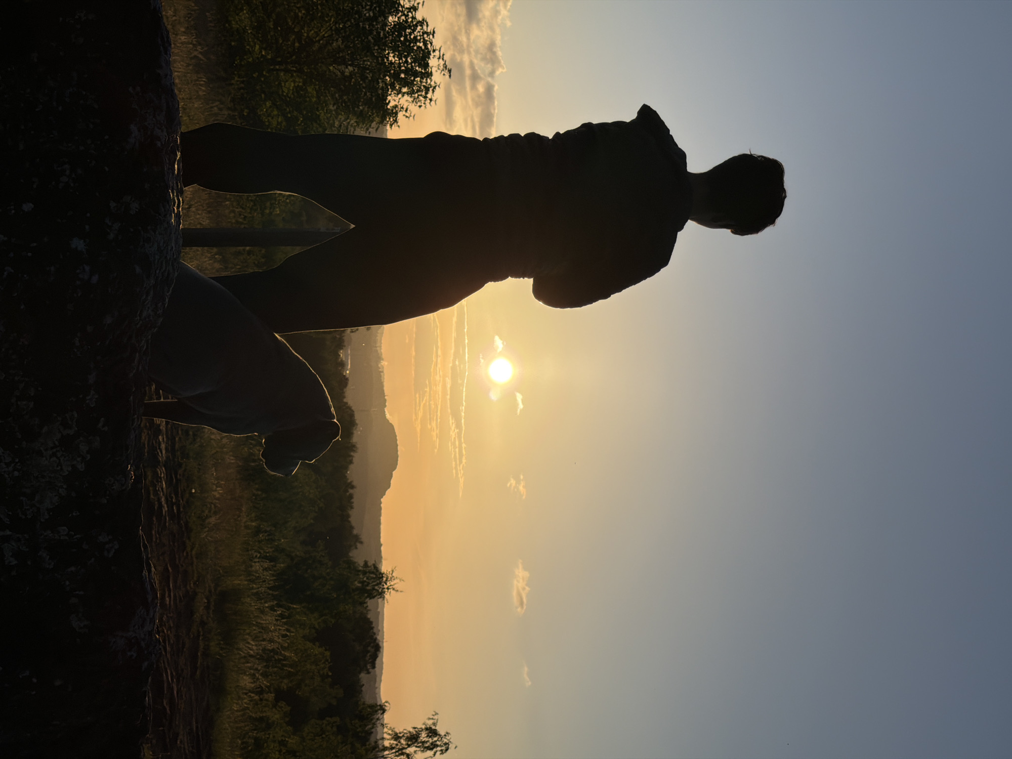 Person and dog watch sunset over Luxembourg city