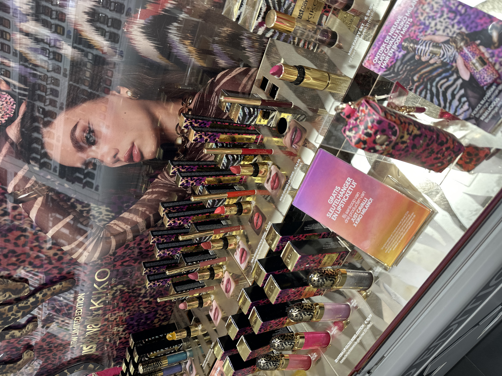 Just Cavalli x Kiko Milano makeup collection displayed in Amsterdam