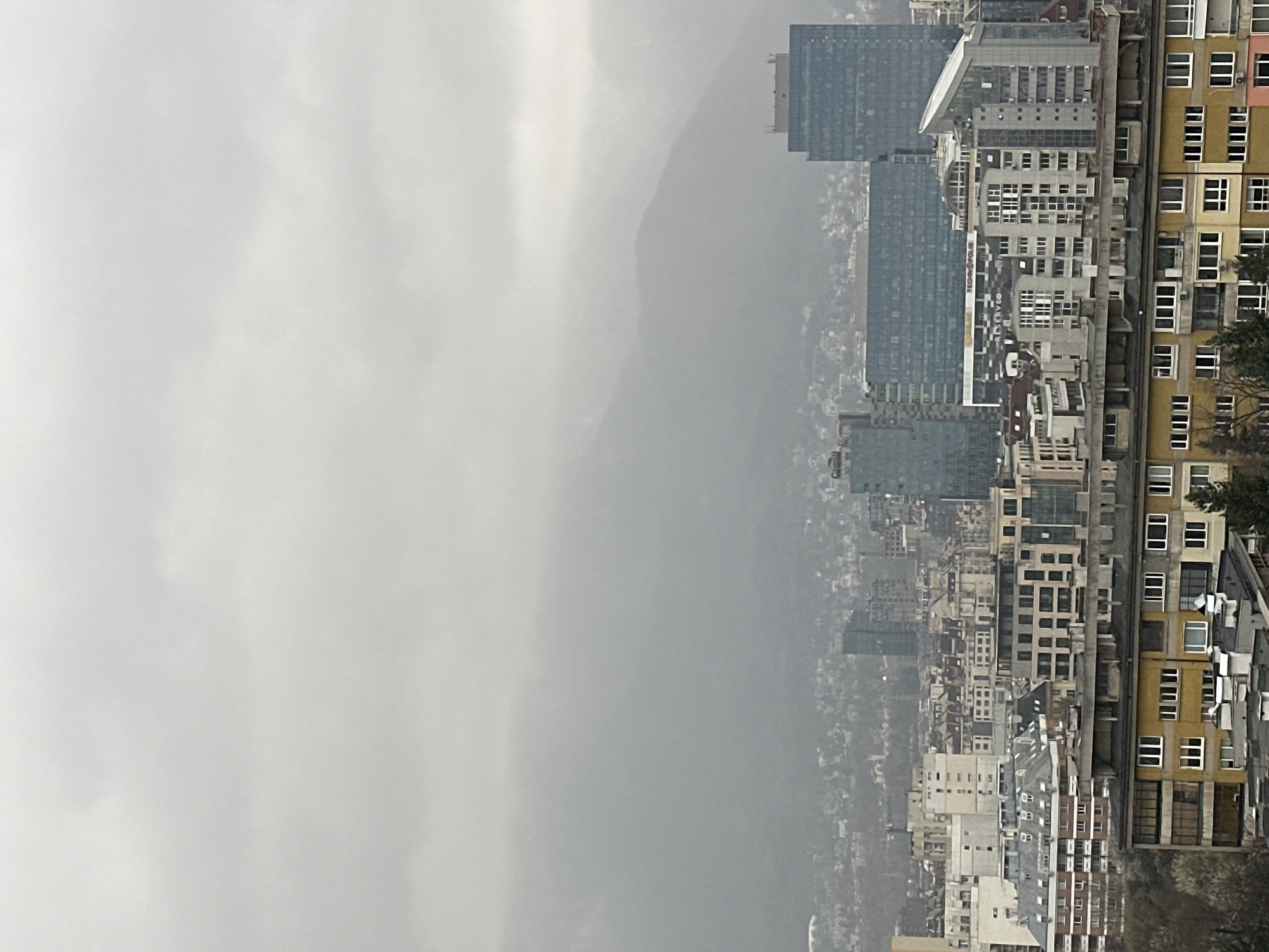 Spring morning captures urban Sofia cityscape and blooming flowers