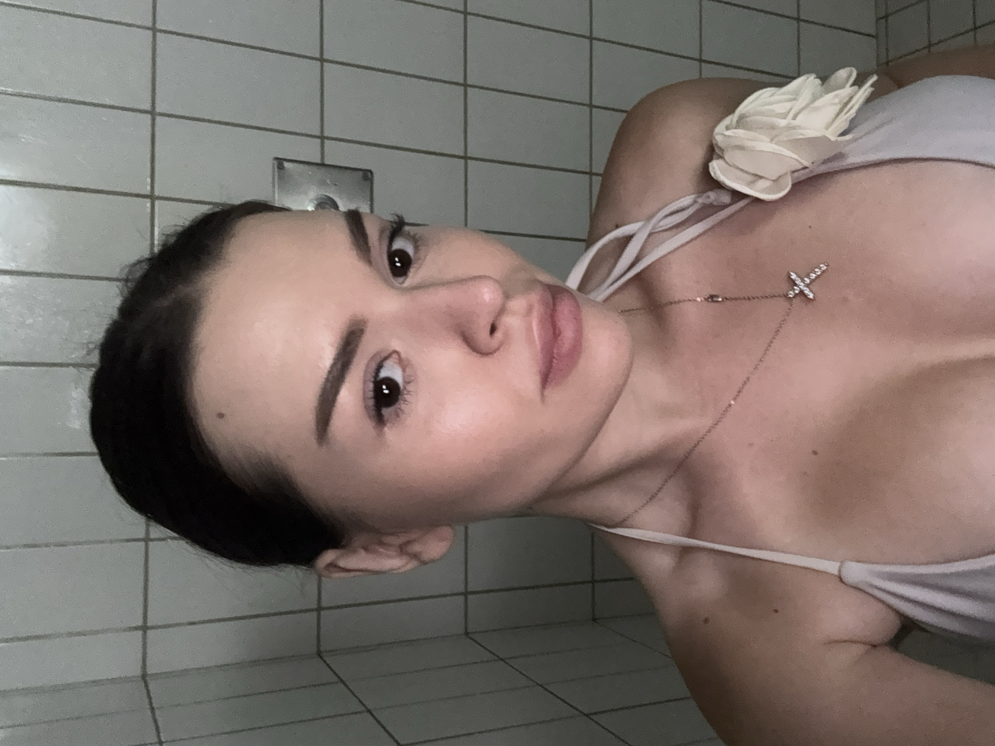 Casual summer selfie in Prague, bikini top and cross necklace