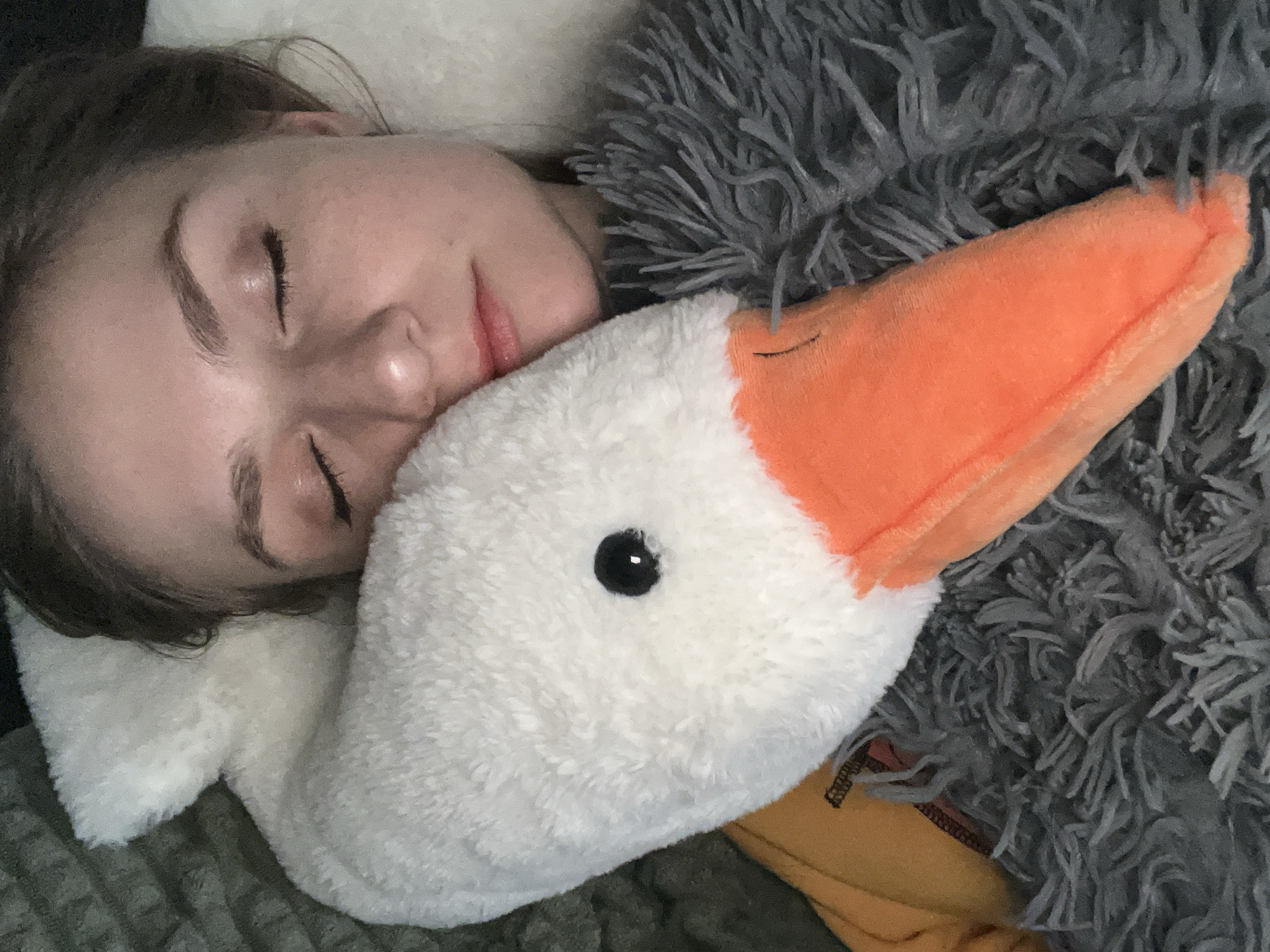 Woman sleeps on stuffed goose in Novosibirsk