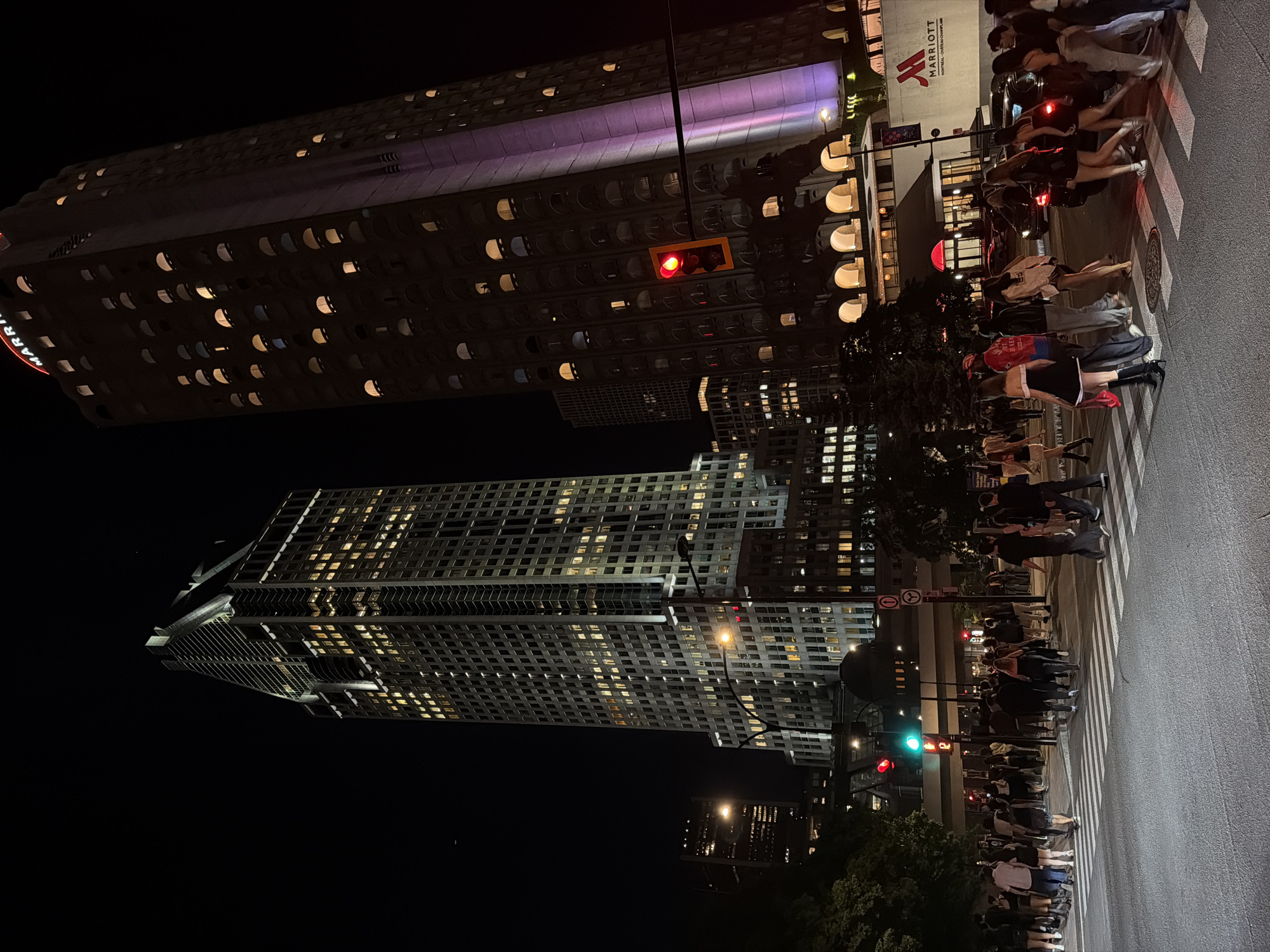 Nighttime street scene captured at Montreal downtown intersection