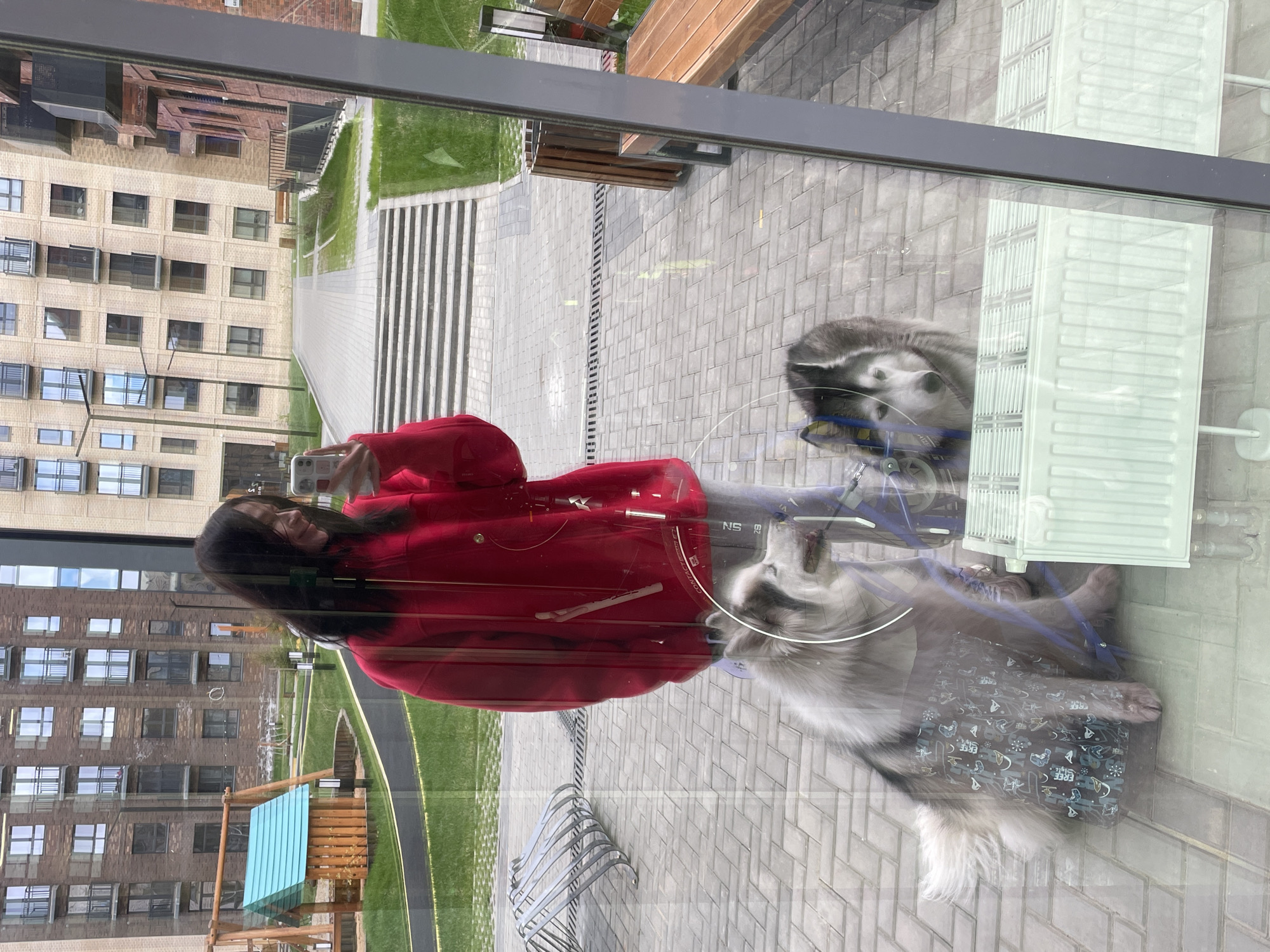 Woman photographs herself with two dogs in Russian building