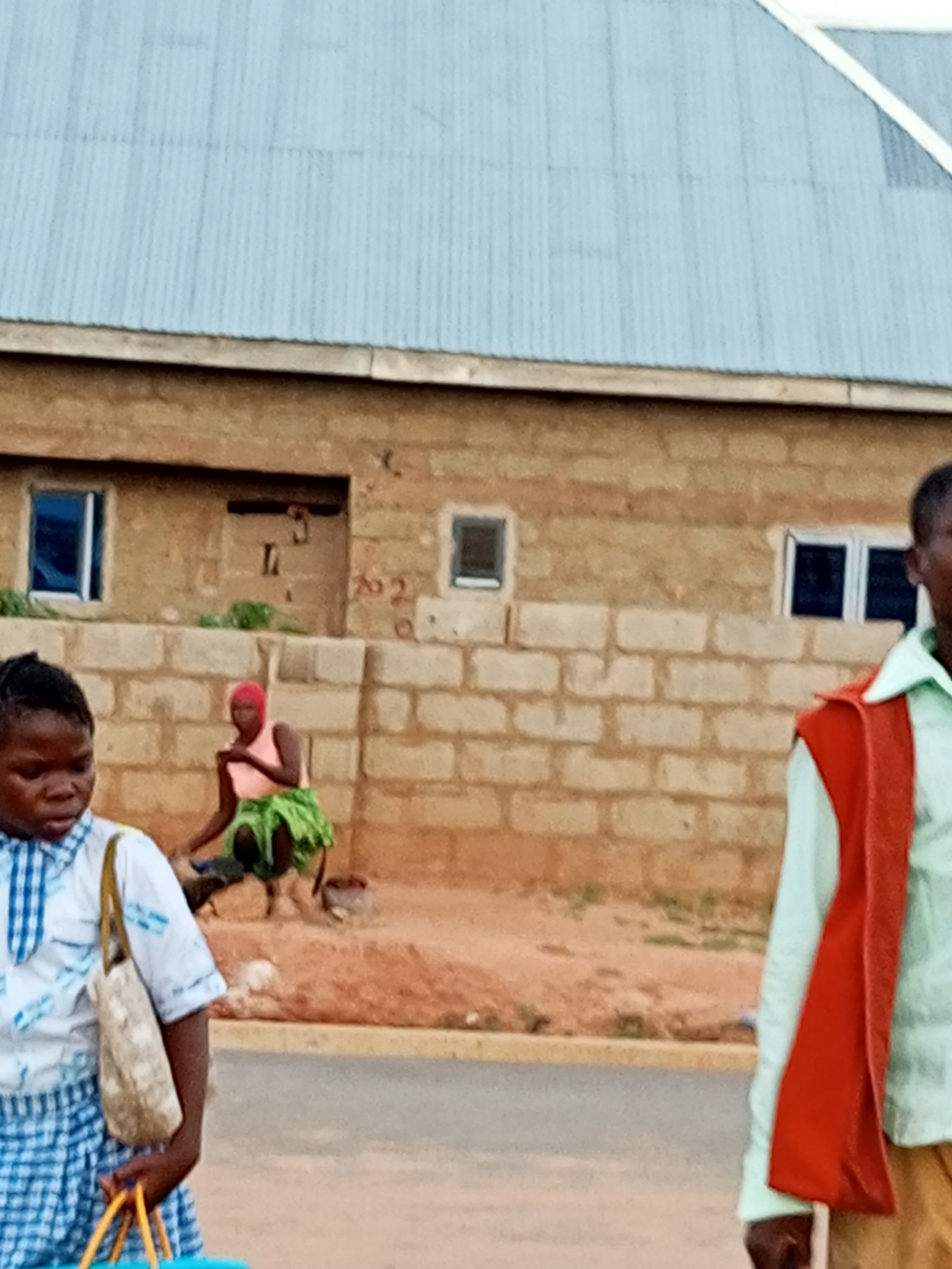 Everyday street life around a brick building in Gombe, Nigeria