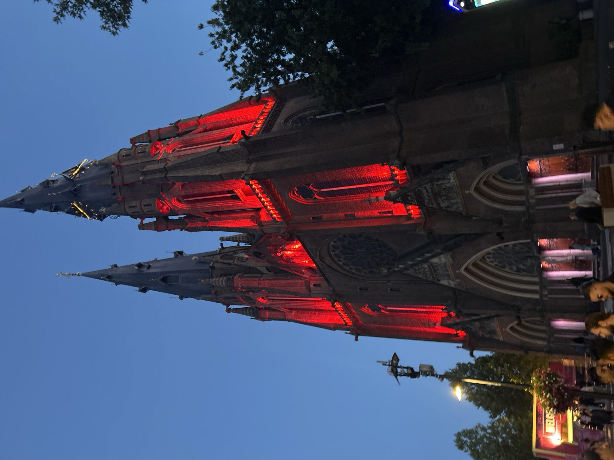 Catharinakerk spires glow red in central Eindhoven