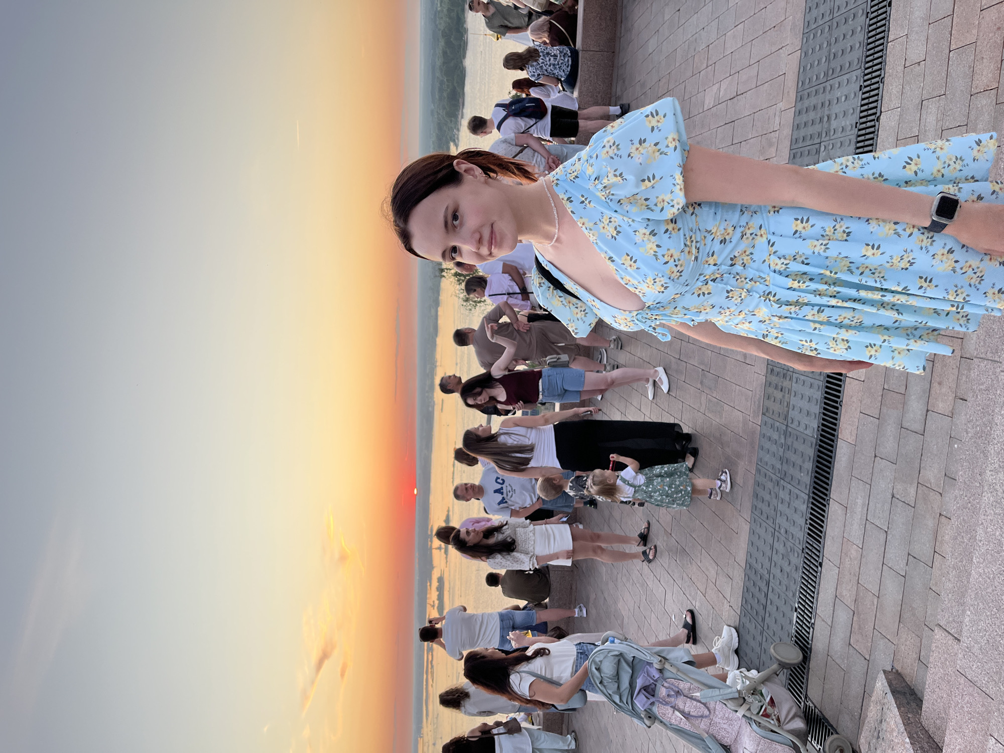 Evening tourists visit Nizhny Novgorod Kremlin, view Volga sunset