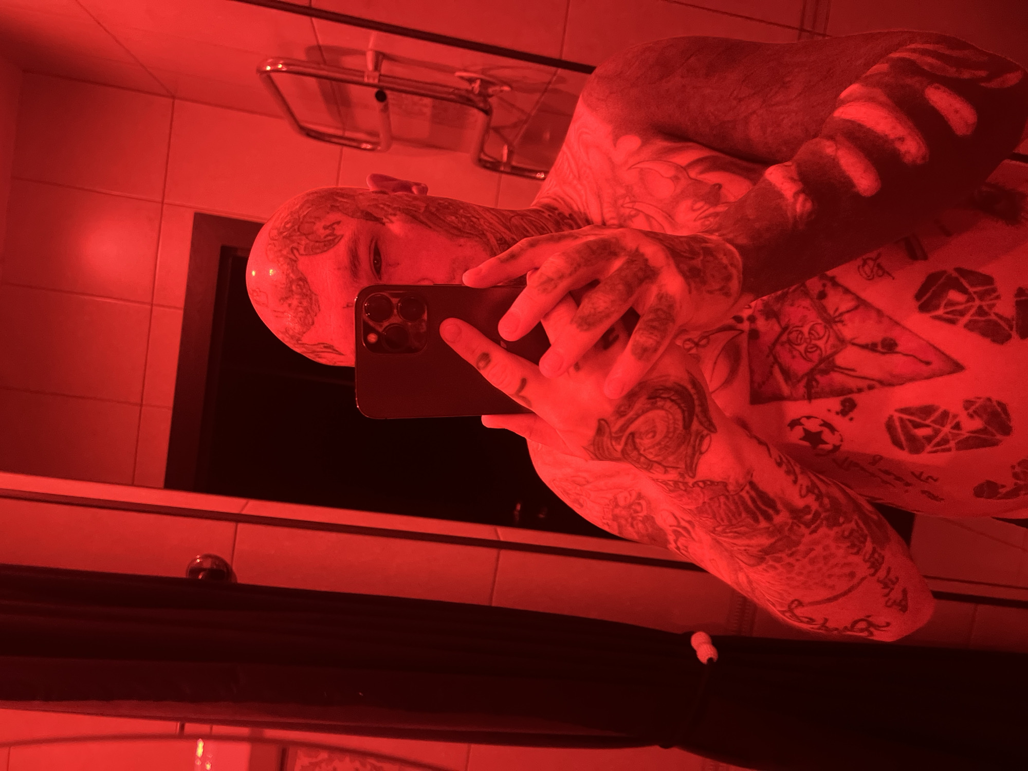 Tattooed person takes bathroom selfie in Kudrovo, Russia