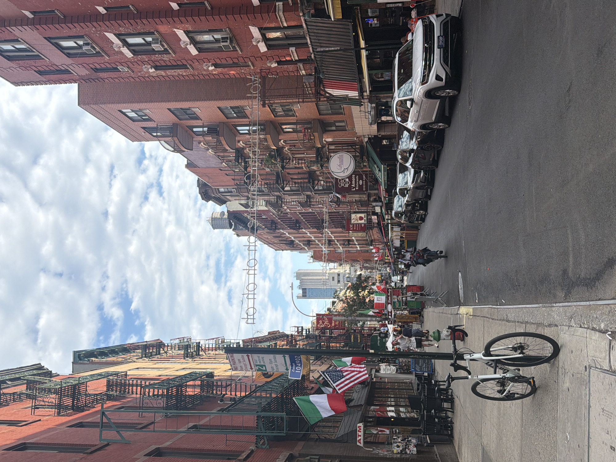 Little Italy street scene, brick buildings and fire escapes