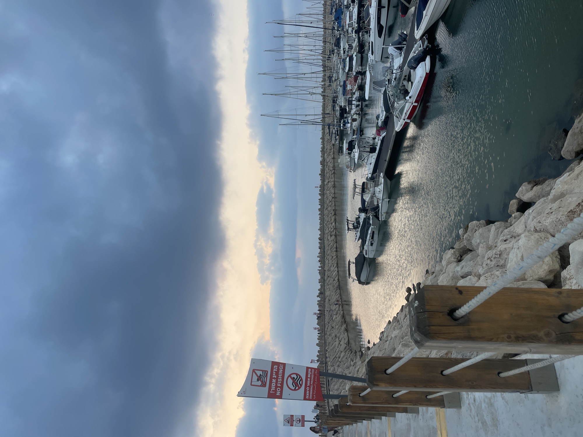 Herzliya Marina and coastline at dusk, breakwaters and boats