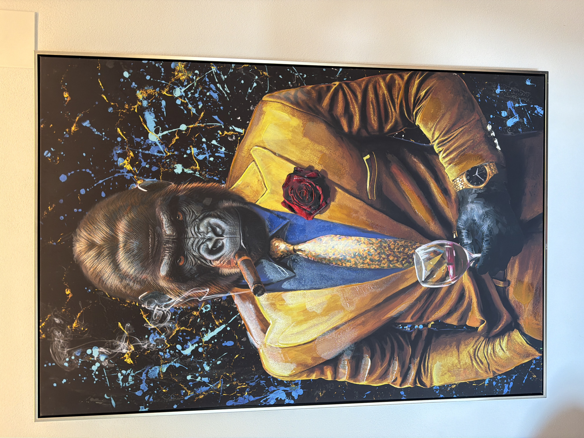 Art displays featuring gorilla painting, skull containers observed Lenzburg