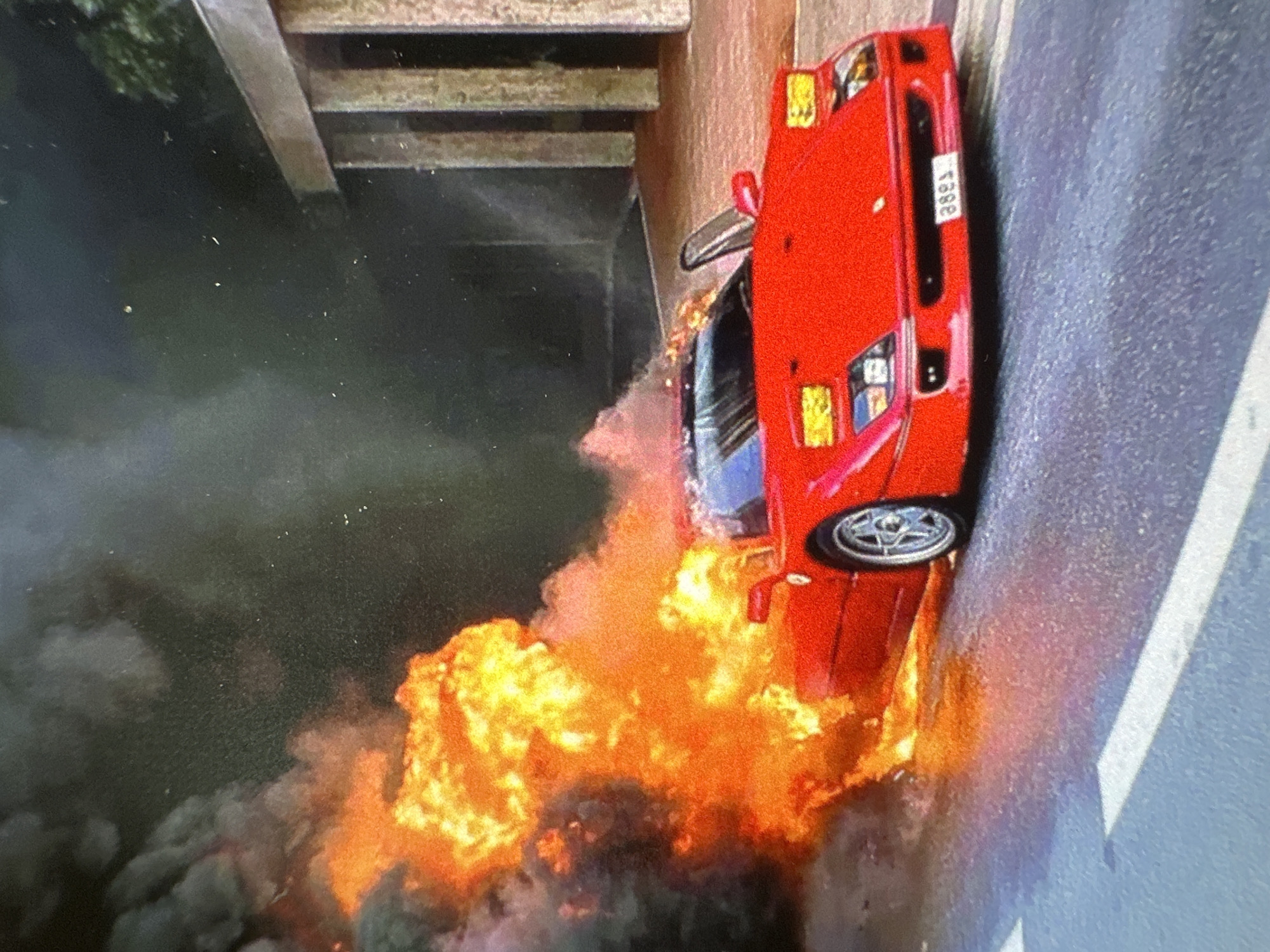 Ferrari burns on Rostov road, oleander flowers nearby