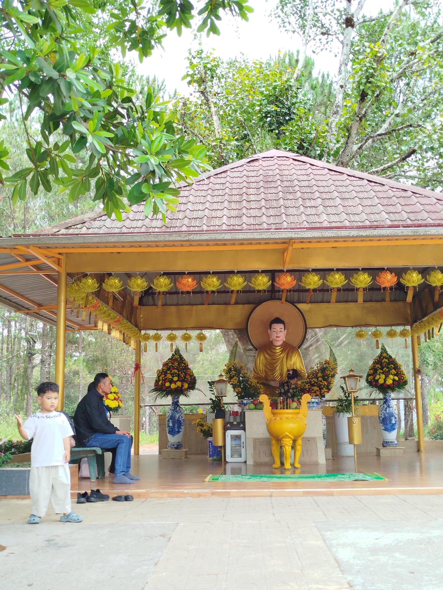 Boy visits Buddhist shrine, yellow lotus art spotted in Da Lat