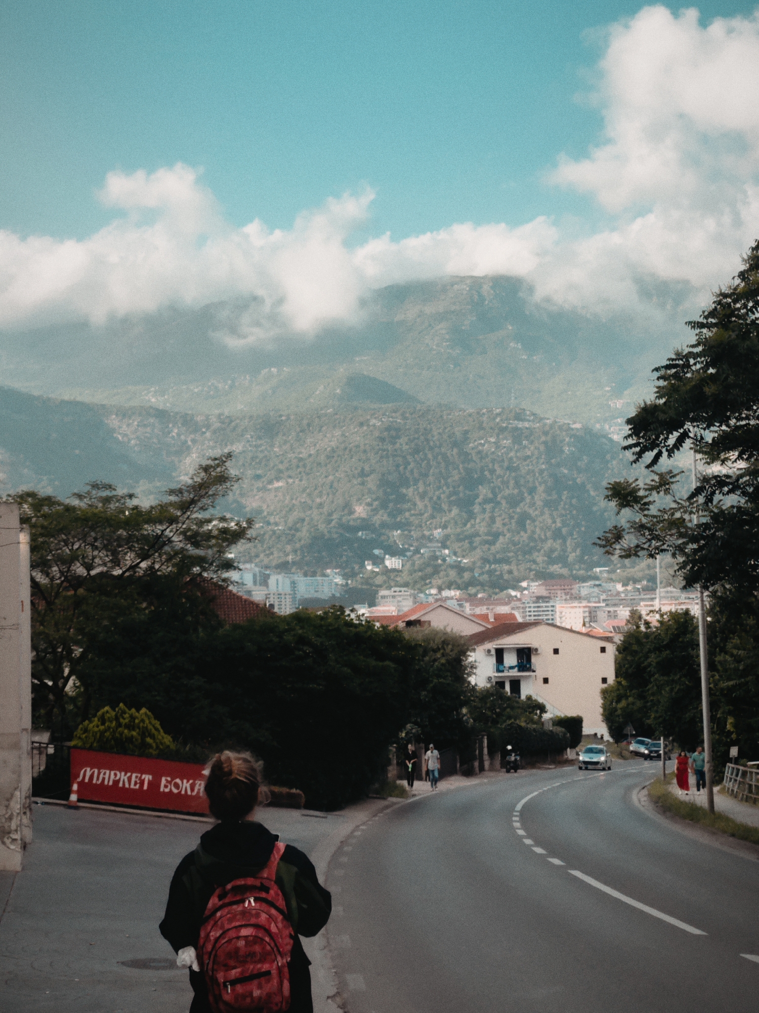 Pedestrian and vehicle traffic observed in Budva, Montenegro