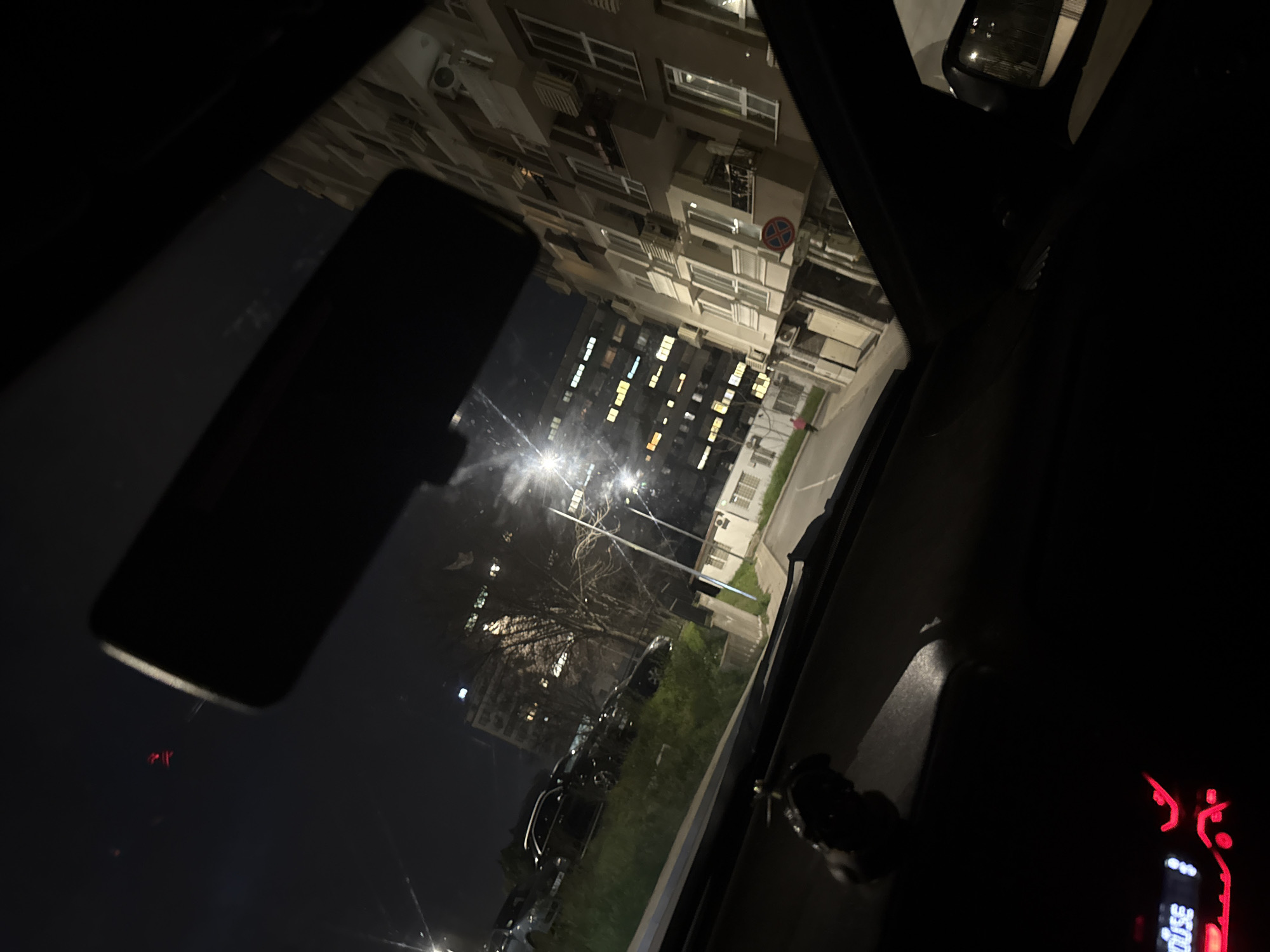 Nighttime drive captured from inside car in Burgas, Bulgaria
