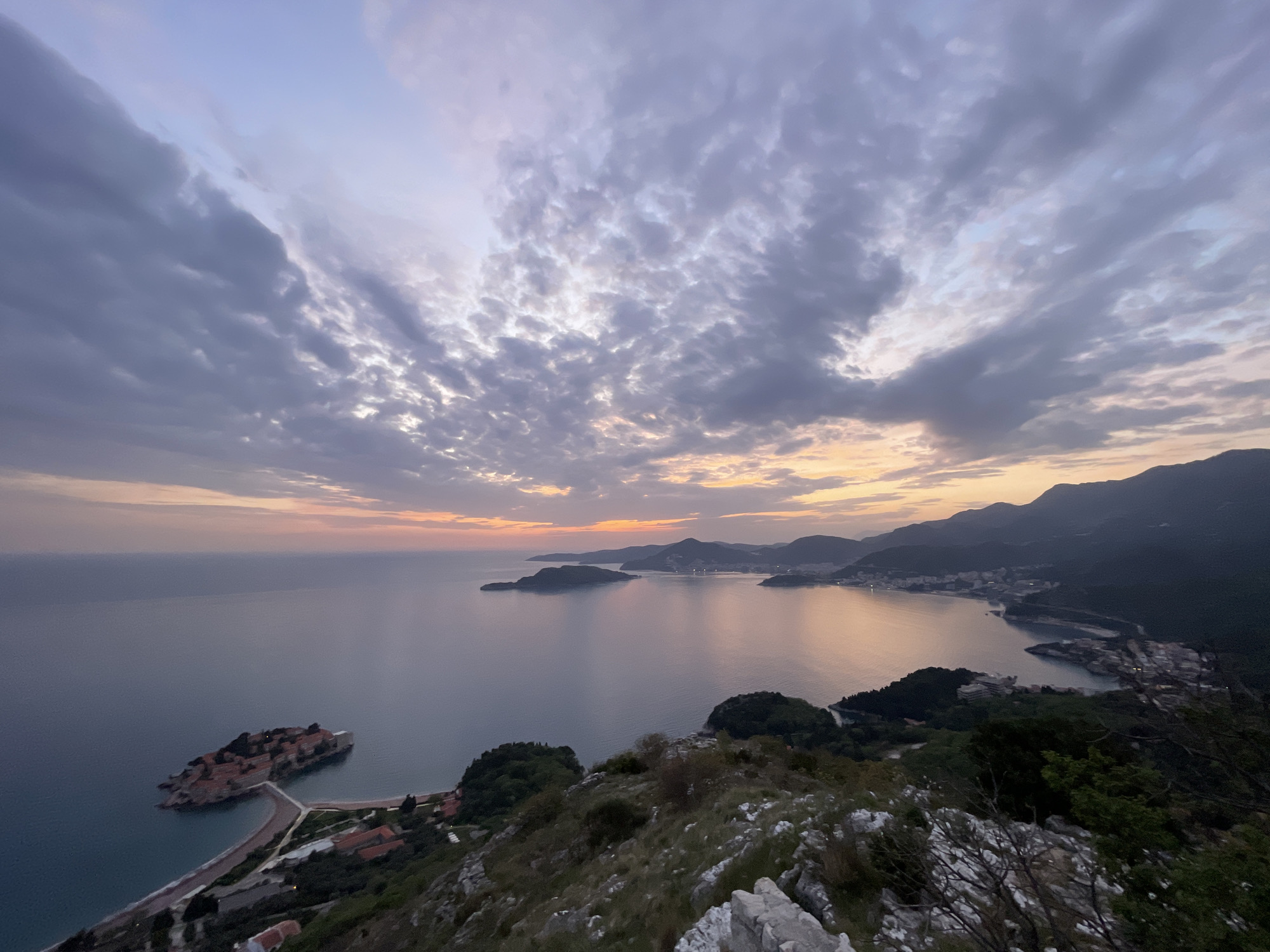 Panoramic sunset view captured of Sveti Stefan island, Montenegro