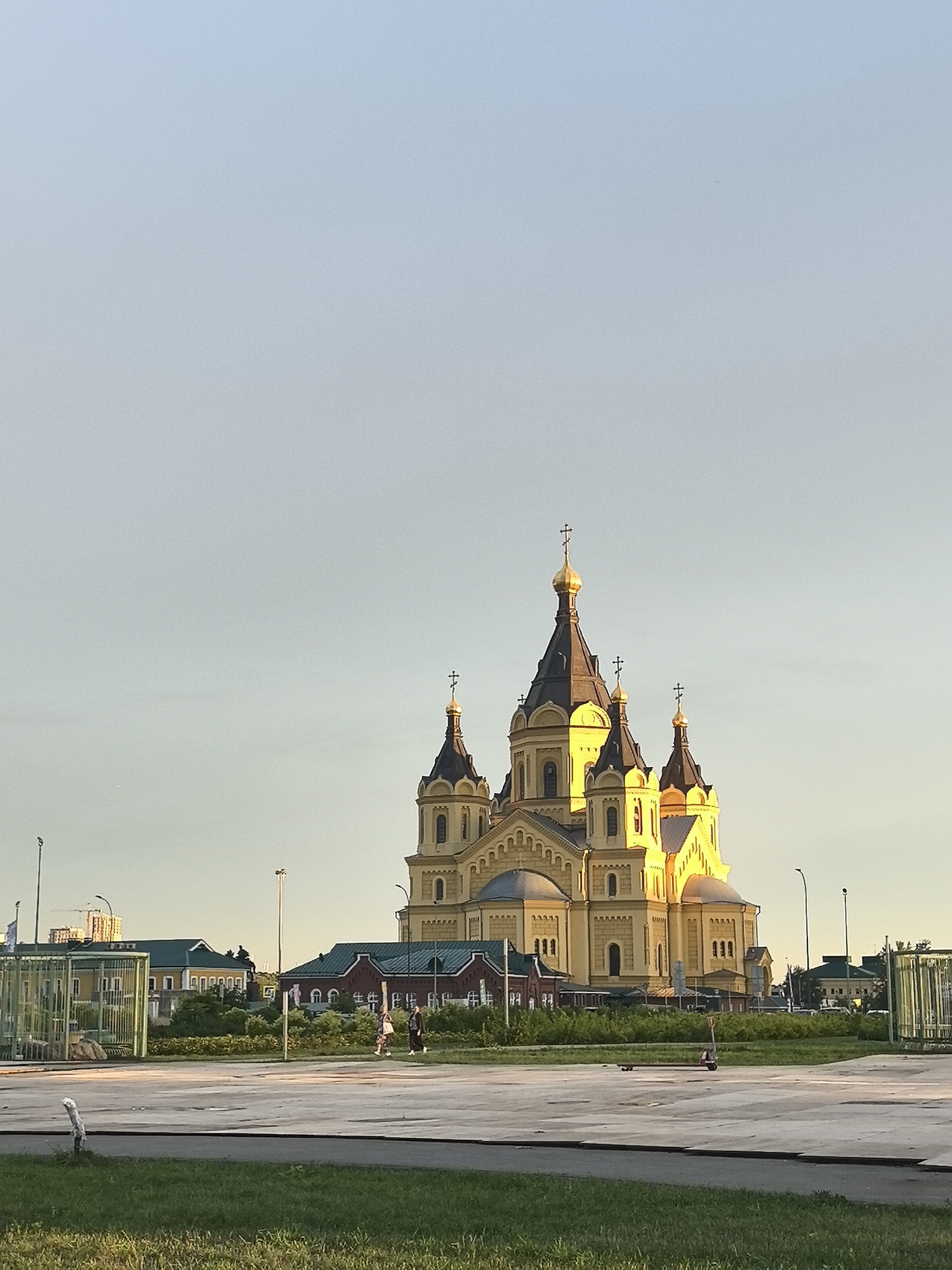 Nizhny Novgorod waterfront at sunset, stages and construction underway
