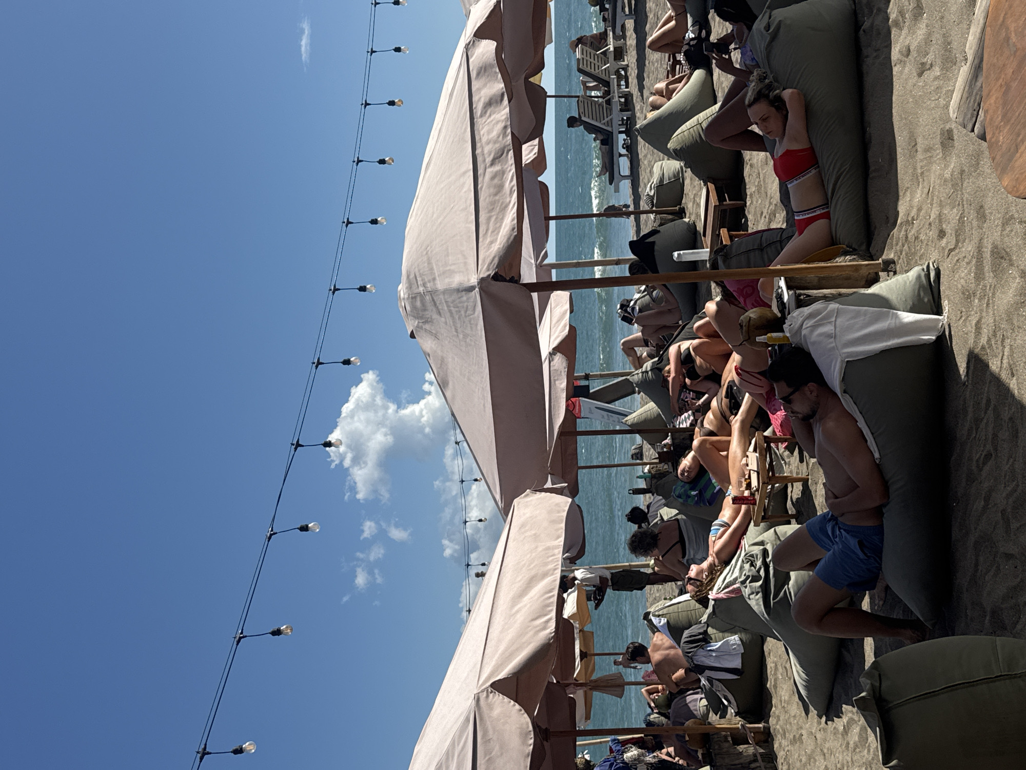 Beach day unfolds at North Kuta with loungers, surfboards