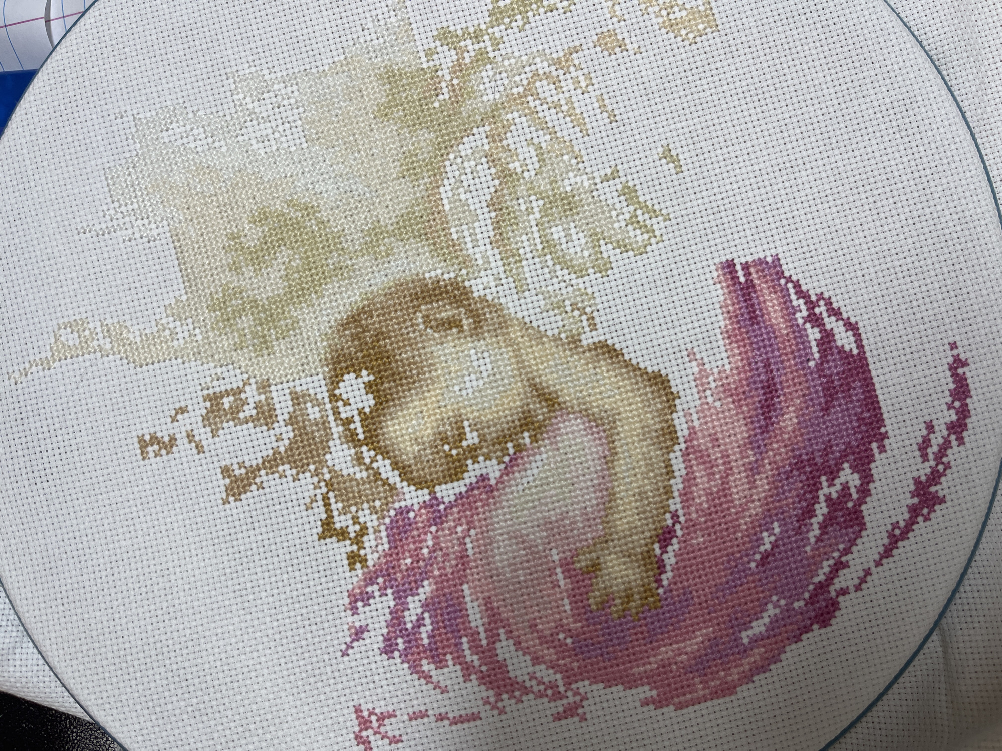 Handcraft evening: cross-stitch and crocheted bunny documented in Hrodna