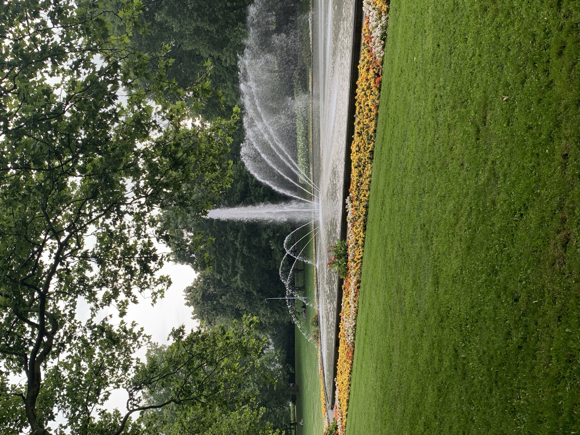 Fountain in full flow at a Poznań park pond