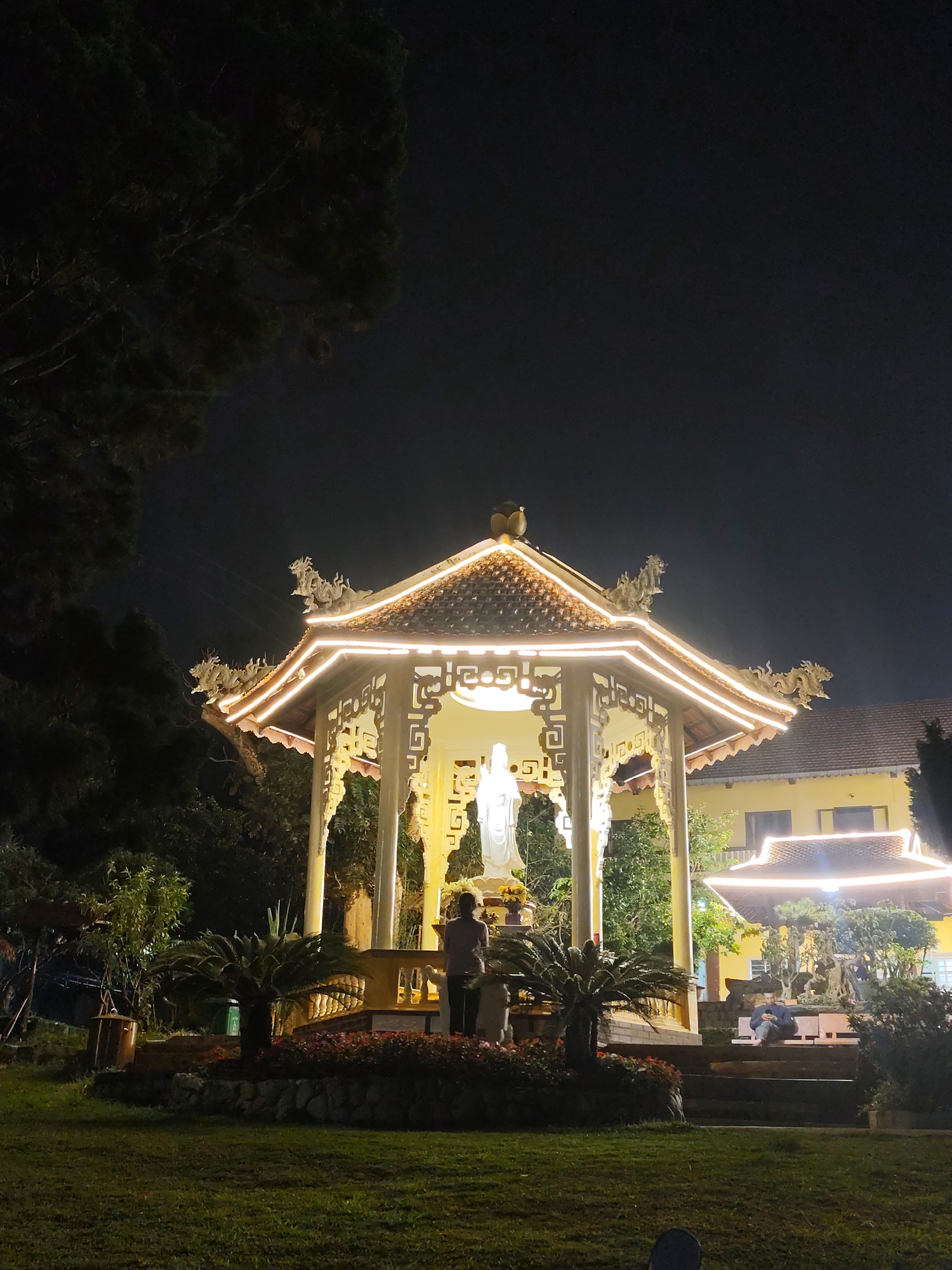 Nighttime scenes documented across Da Lat temple, playground, musical performance