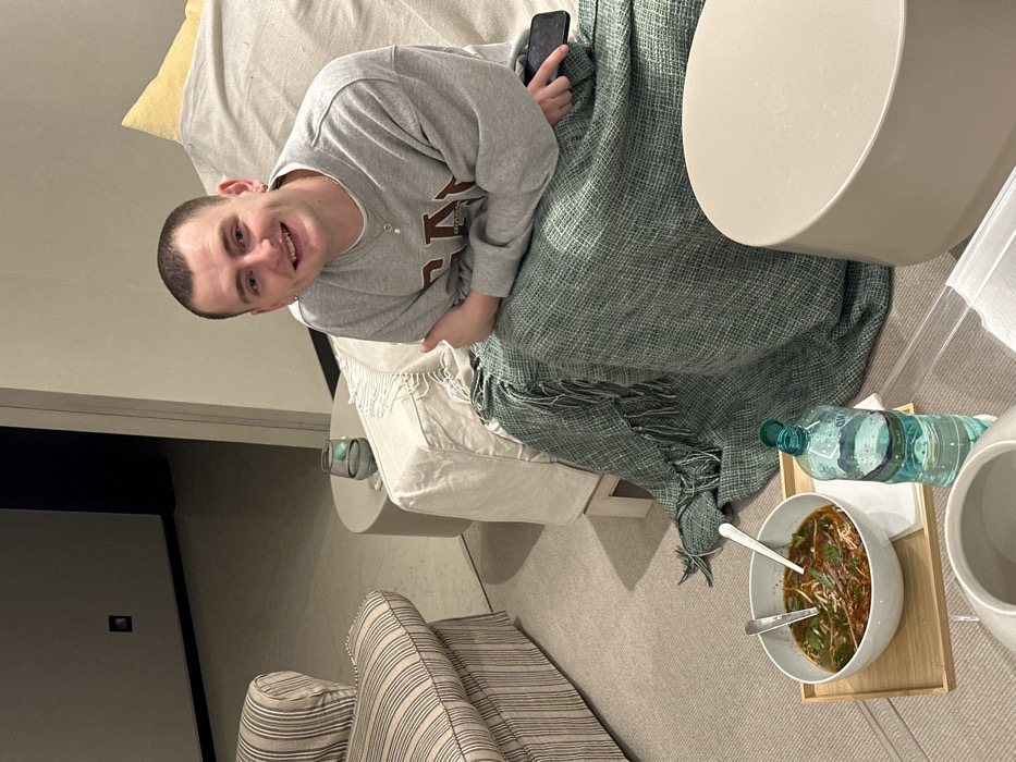 London resident enjoys Vietnamese takeout during cozy evening at home