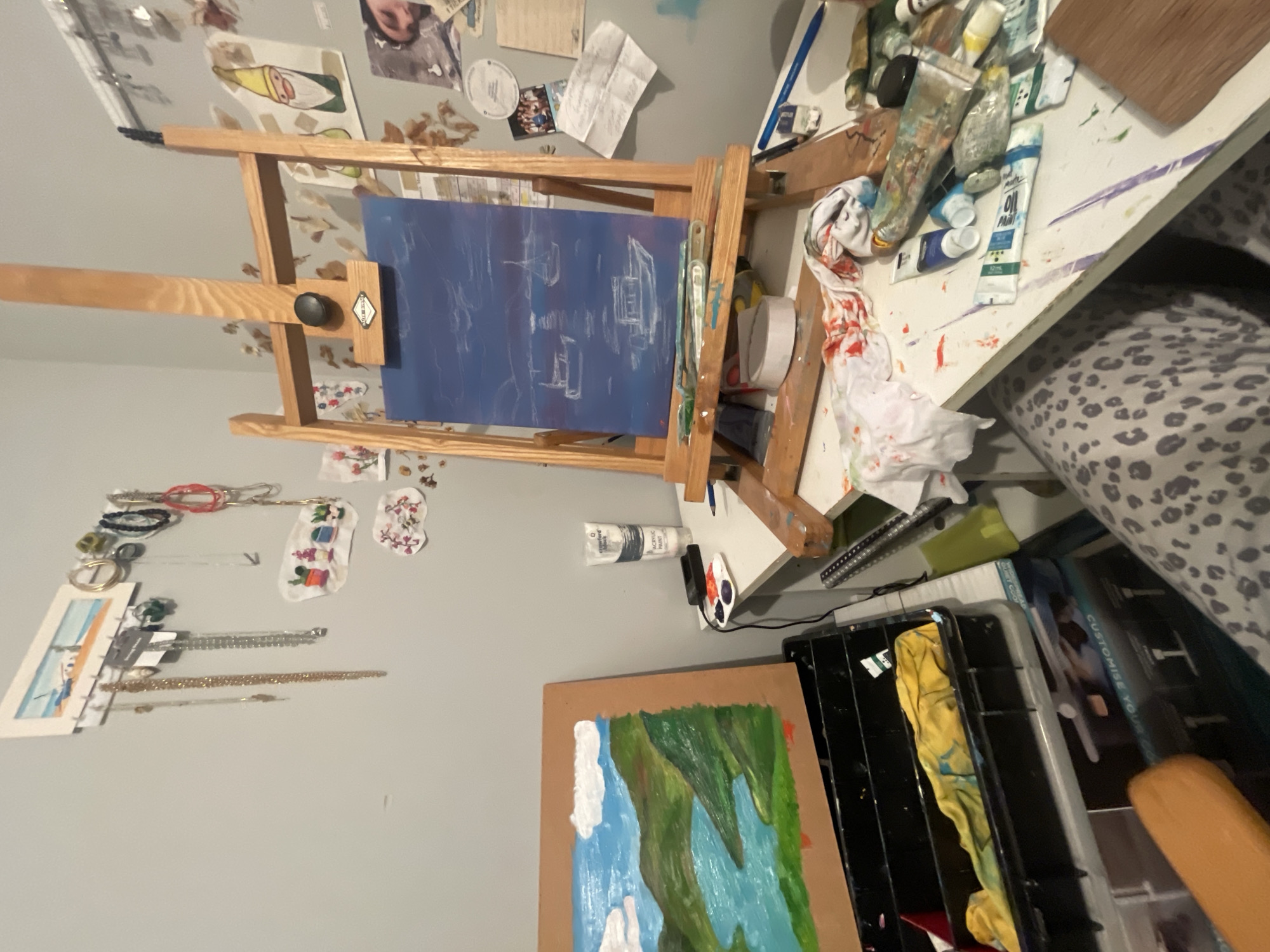 Artist's studio workspace documented during painting session in Maidstone