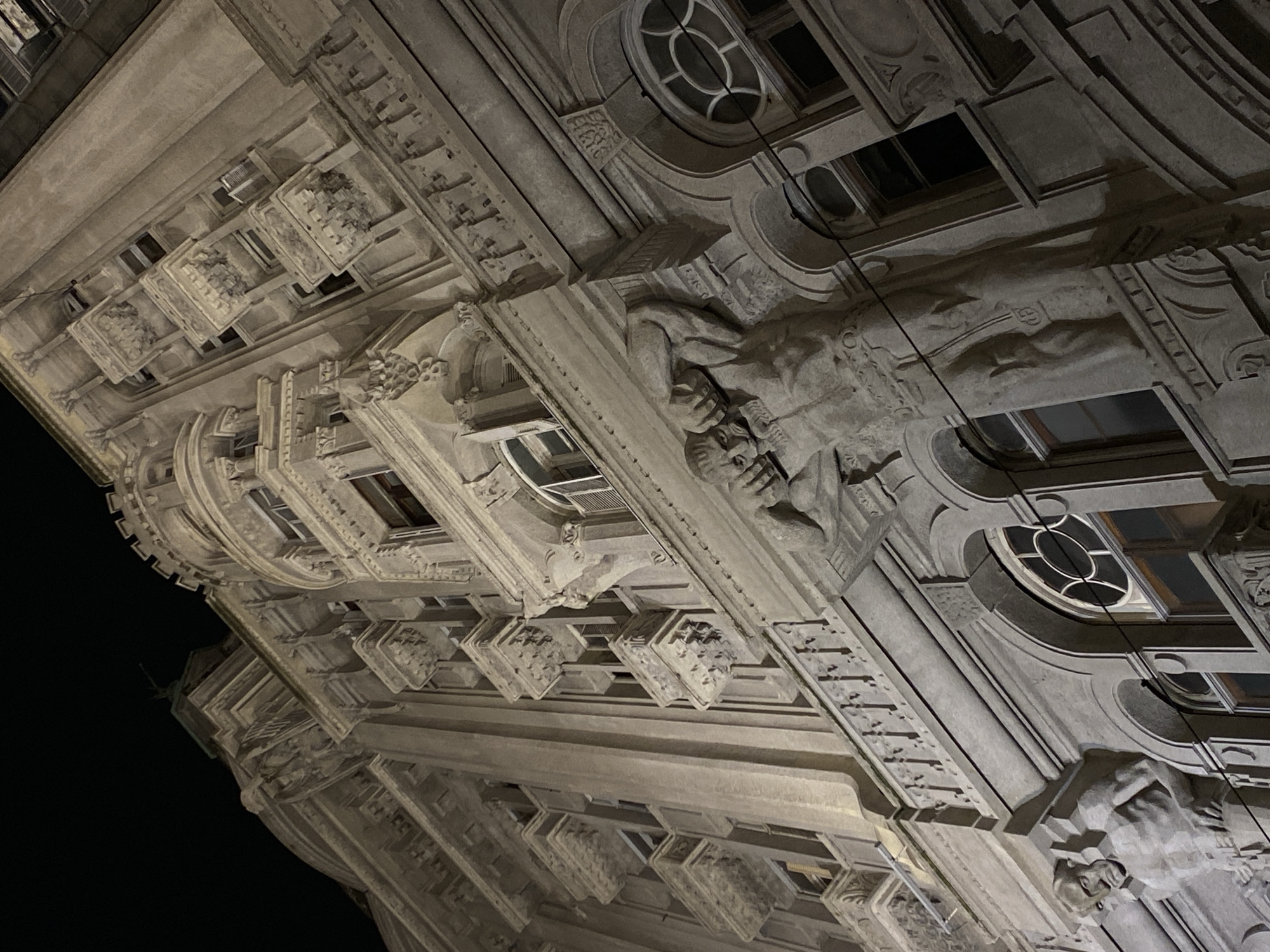 Ornate Buenos Aires building facade photographed at night