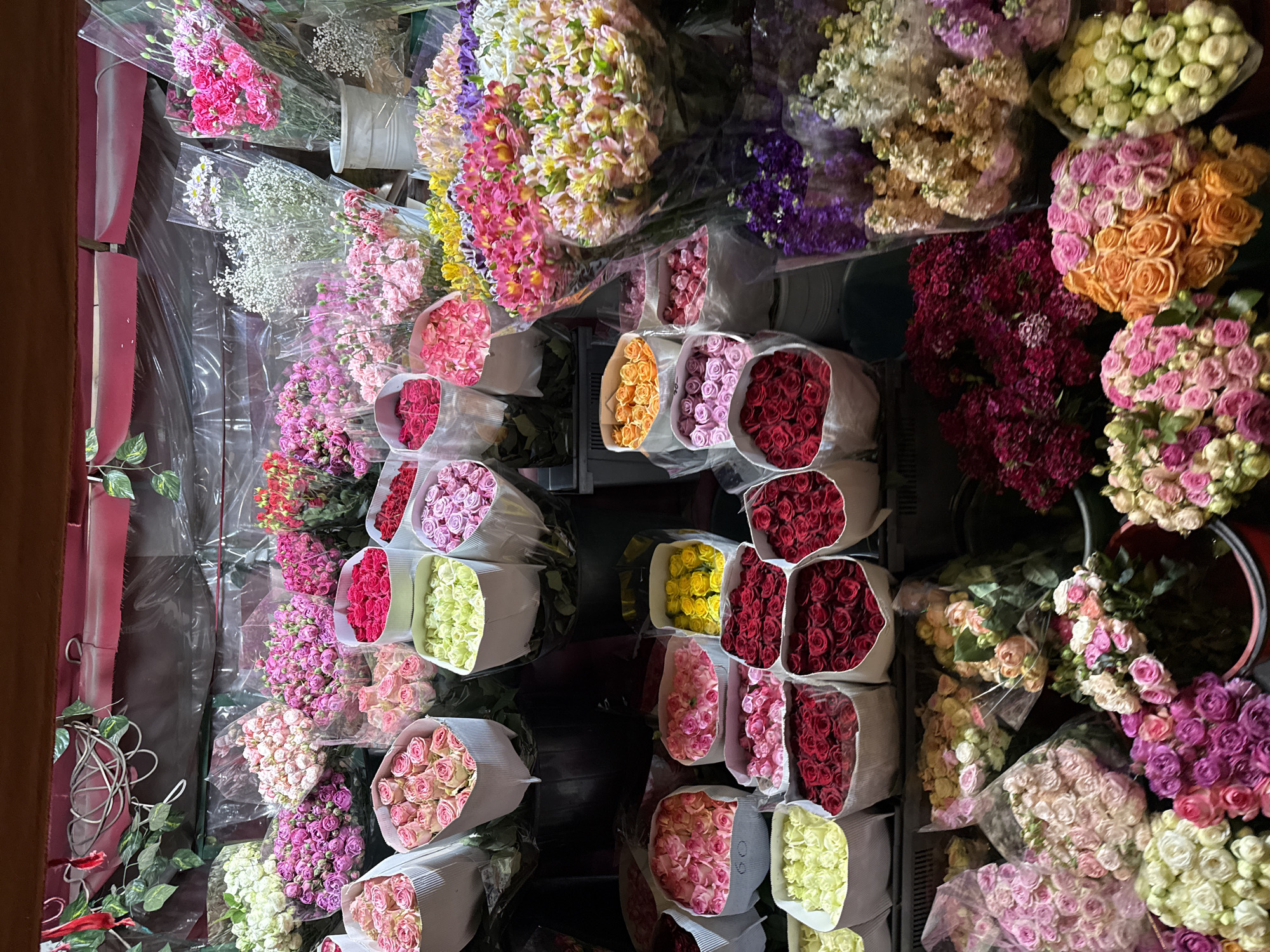 Flower shop displays colorful arrangements in Yerevan, Armenia