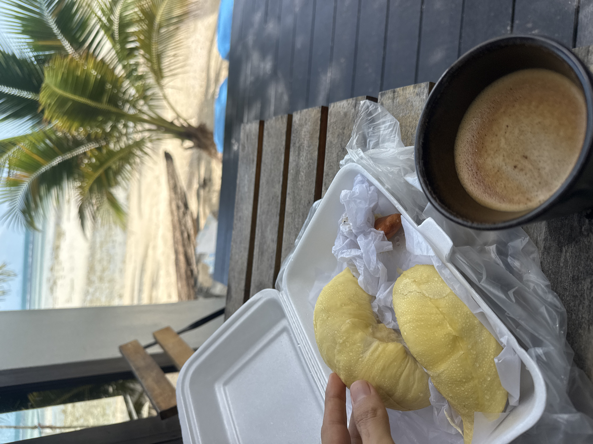 Durian and latte at a seaside café in Ko Samui