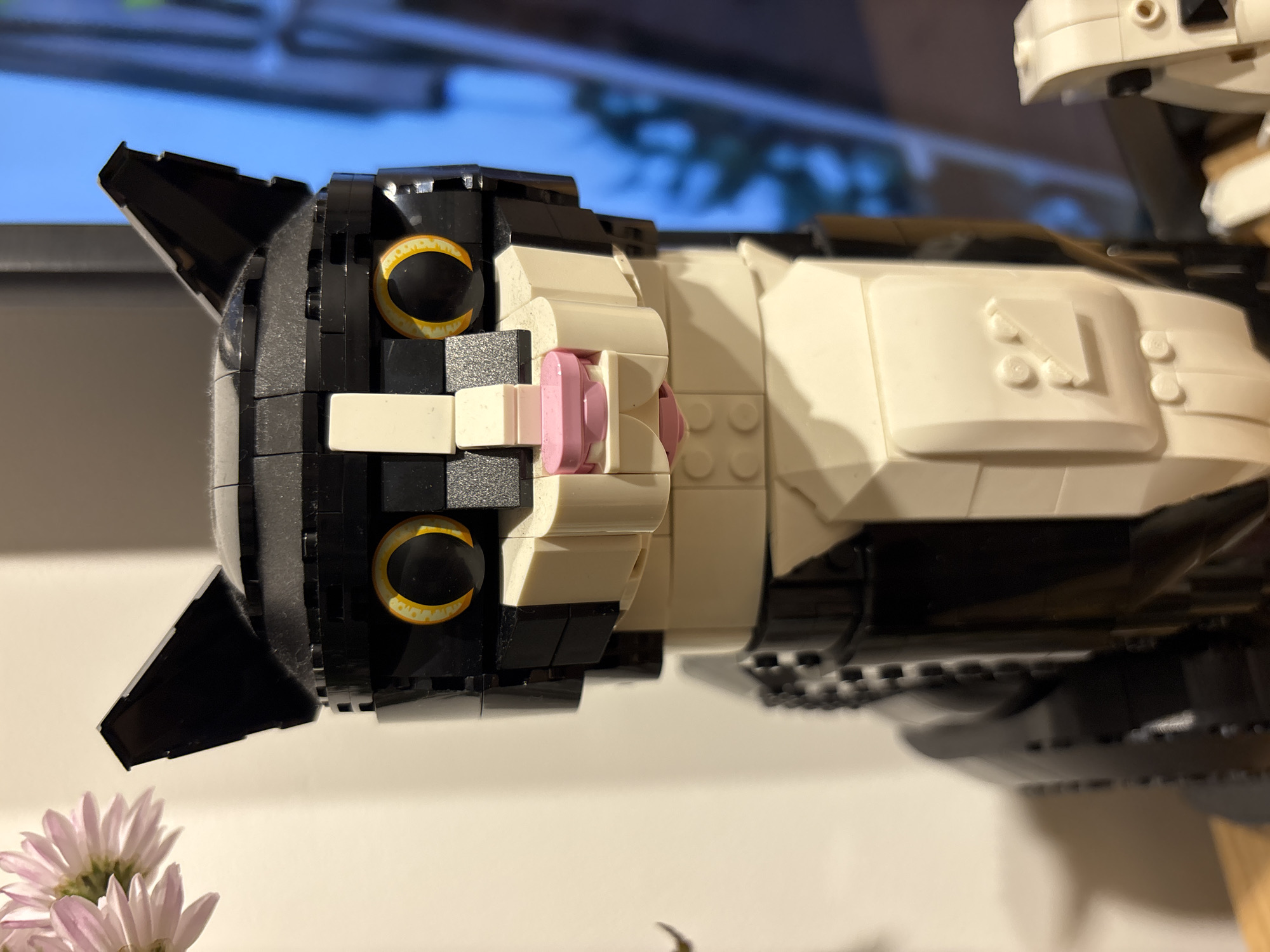 Detailed Lego tuxedo cat model photographed in Buenos Aires