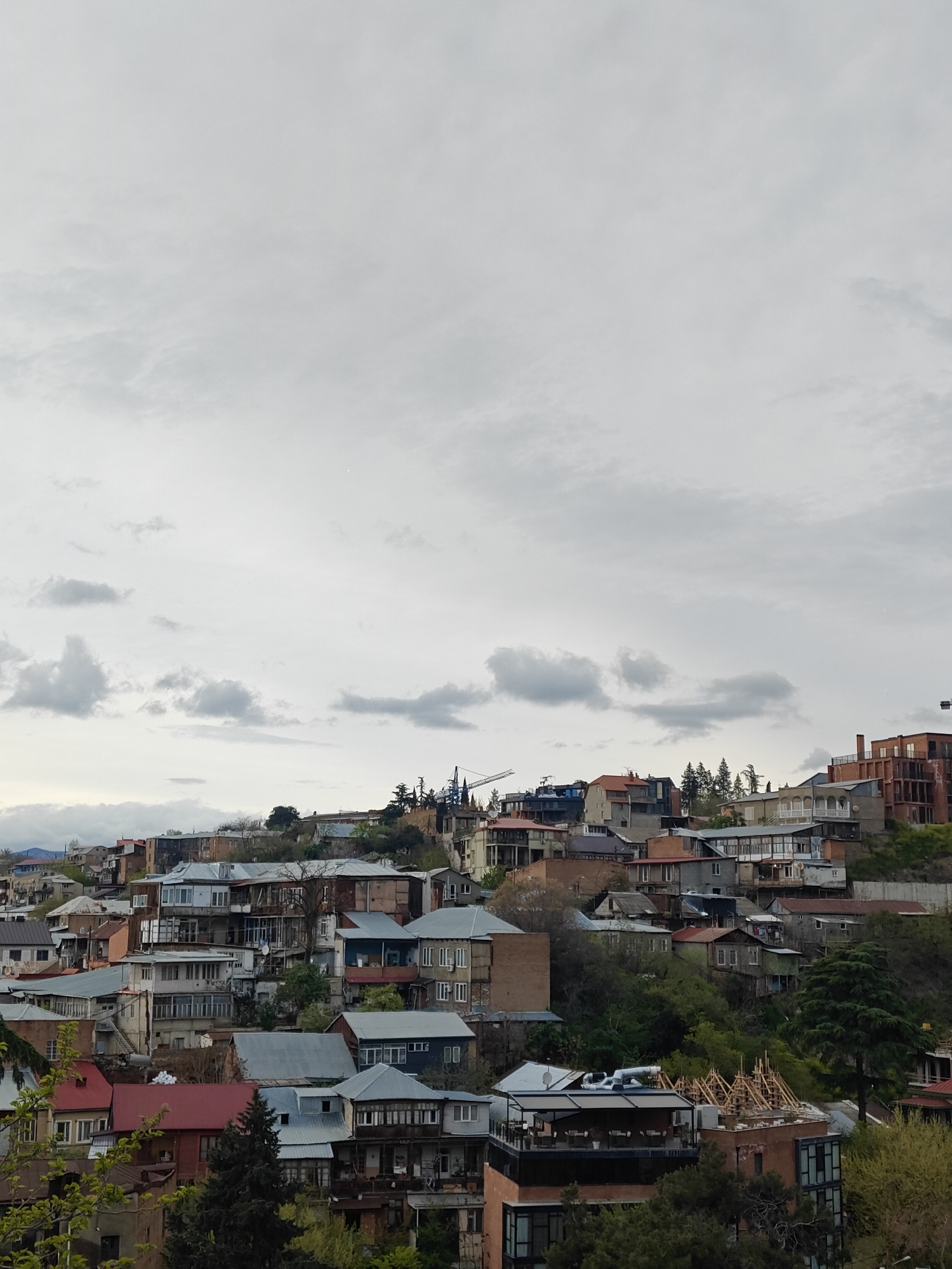 Overcast afternoon captures Tbilisi's hillside cityscape and Orthodox cathedral