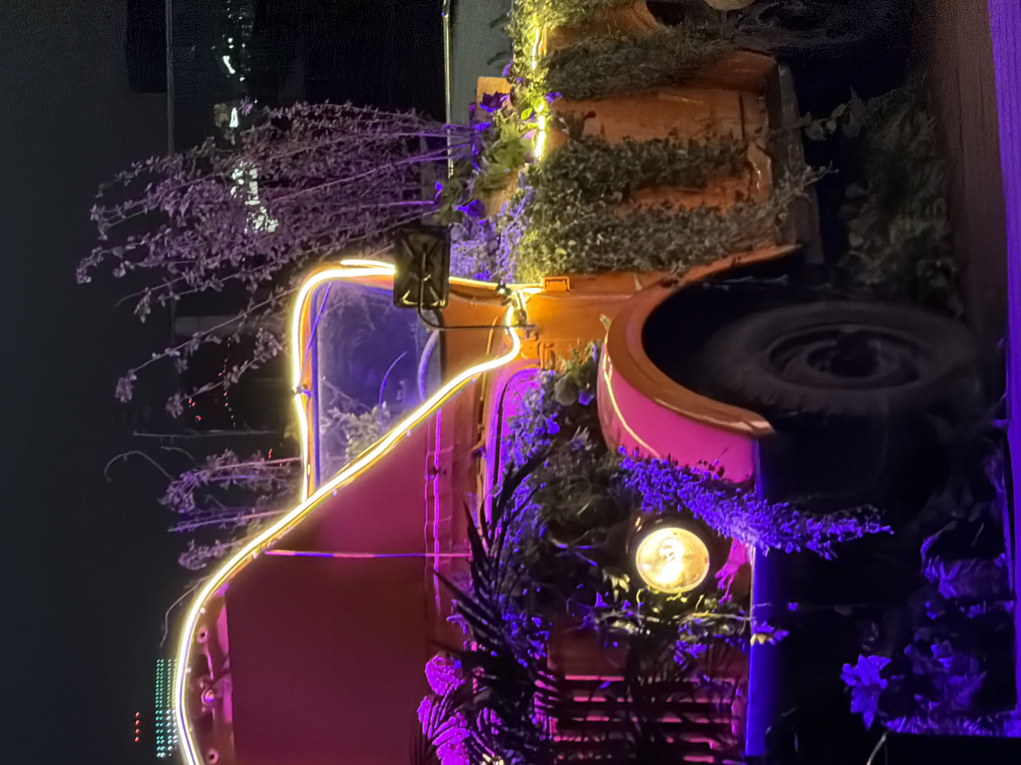 Decorated antique truck spotted with purple lights in Kazan