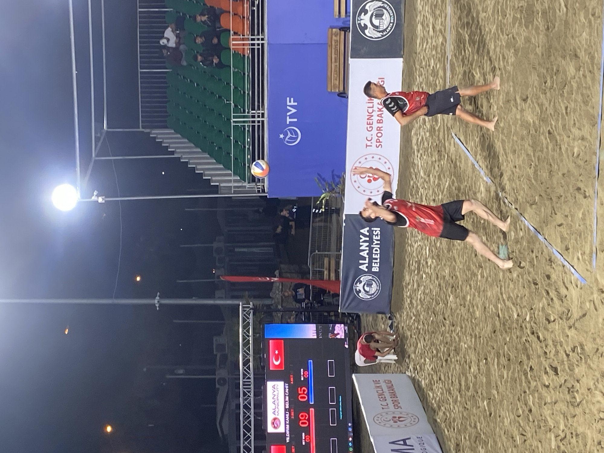 Beach volleyball game underway in Alanya, Turkey