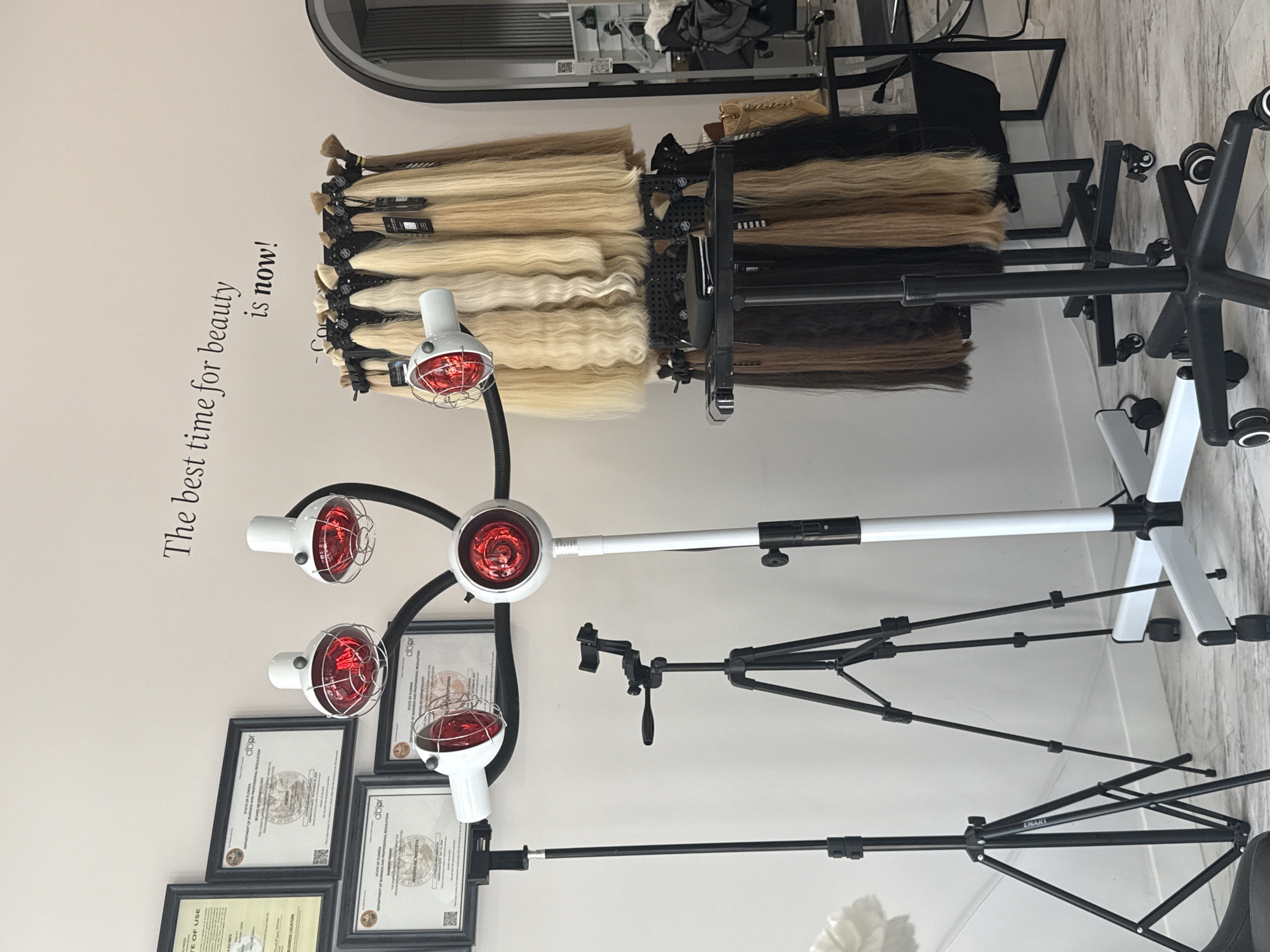 Hair extension display documented at Hollywood beauty salon