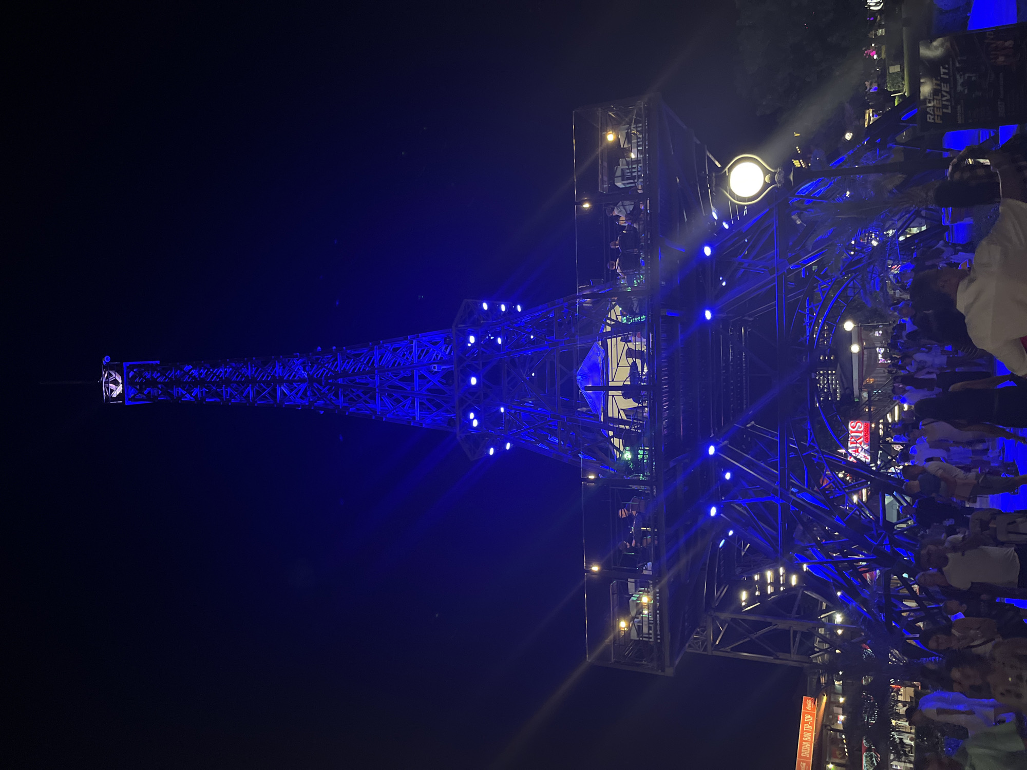 Blue-lit Eiffel Tower replica glows at night in Varna