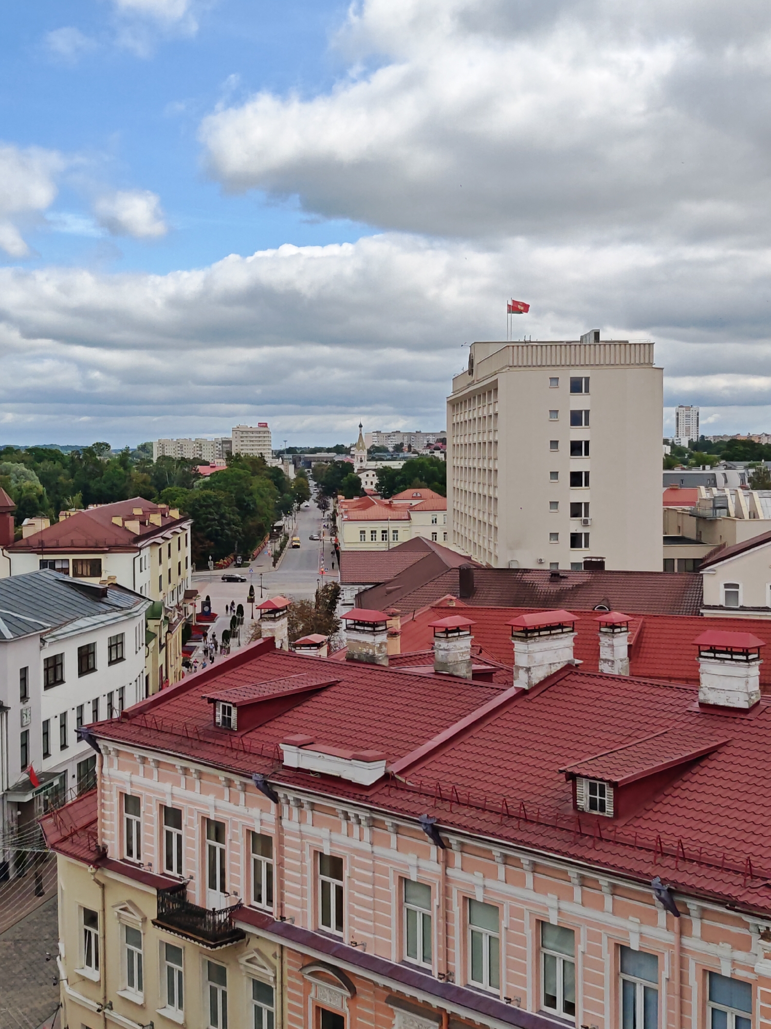Hrodna's Old Town and riverfront on a cloudy summer morning