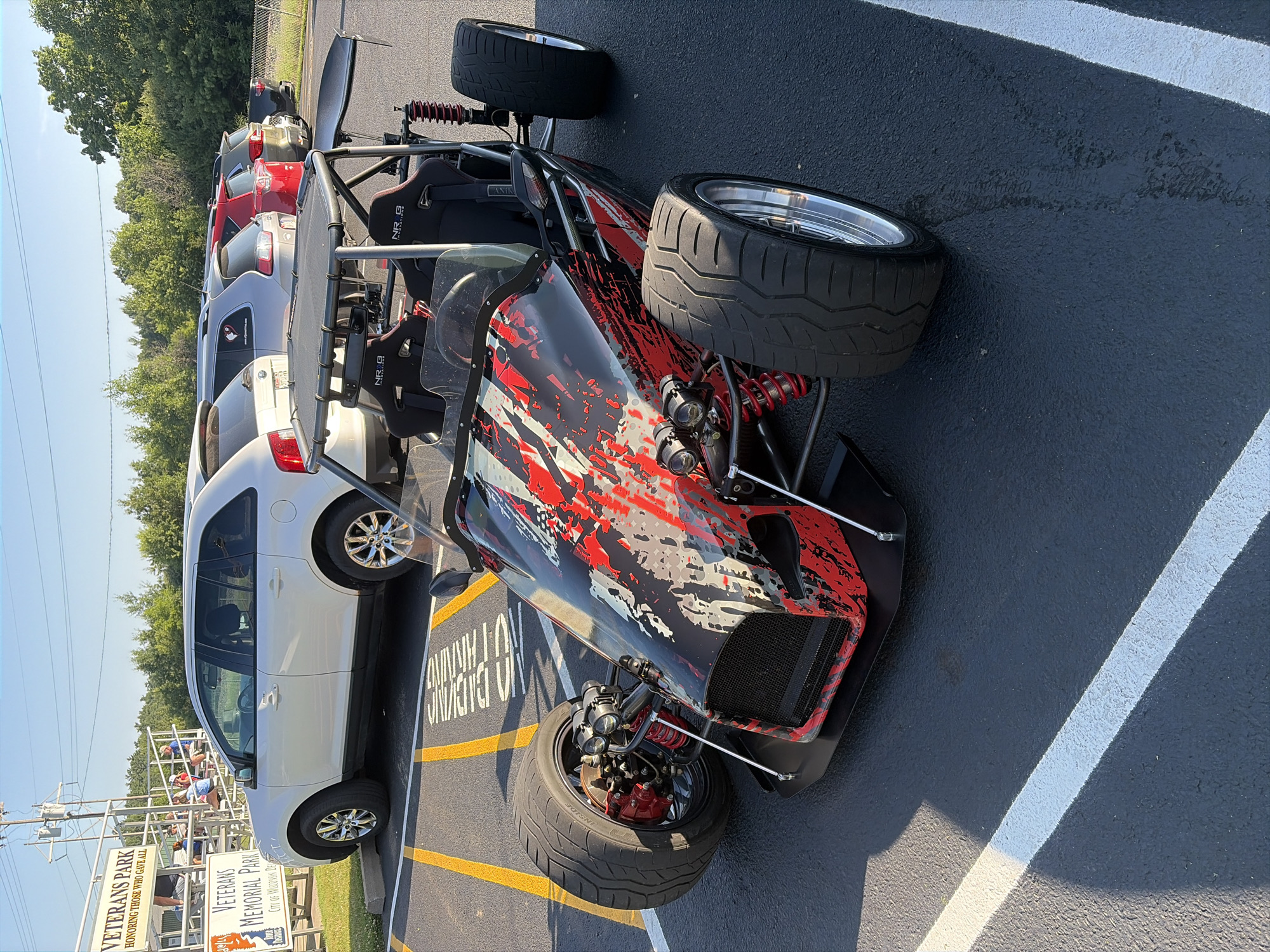 Custom red, white, and black vehicle at Wisconsin Dells memorial park