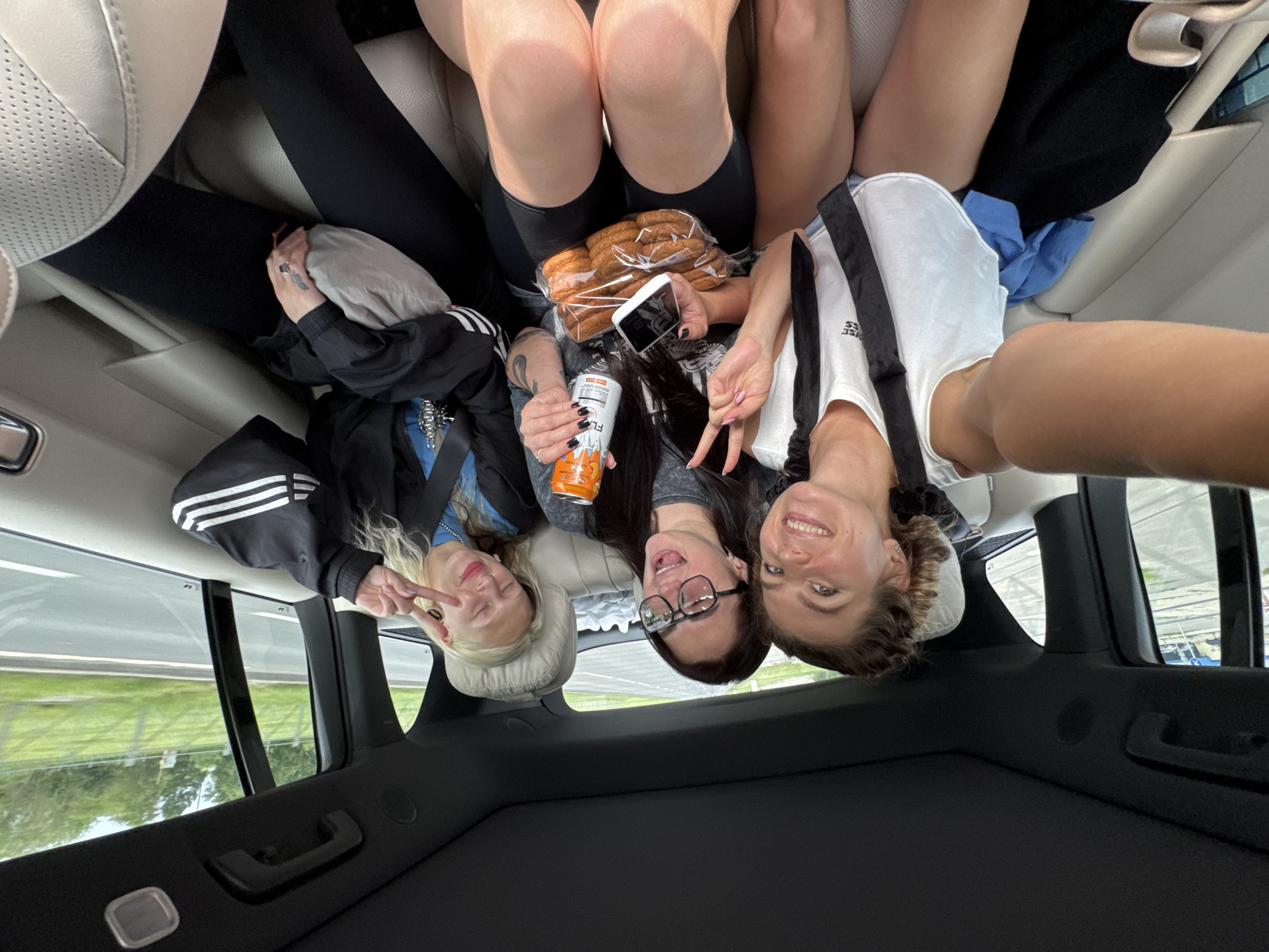 Road trip through green countryside, selfies and scenery along the way