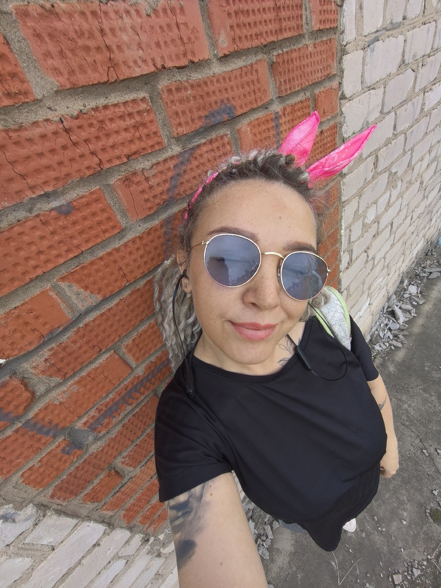Woman in bunny ears takes selfies around Noviy, Russia