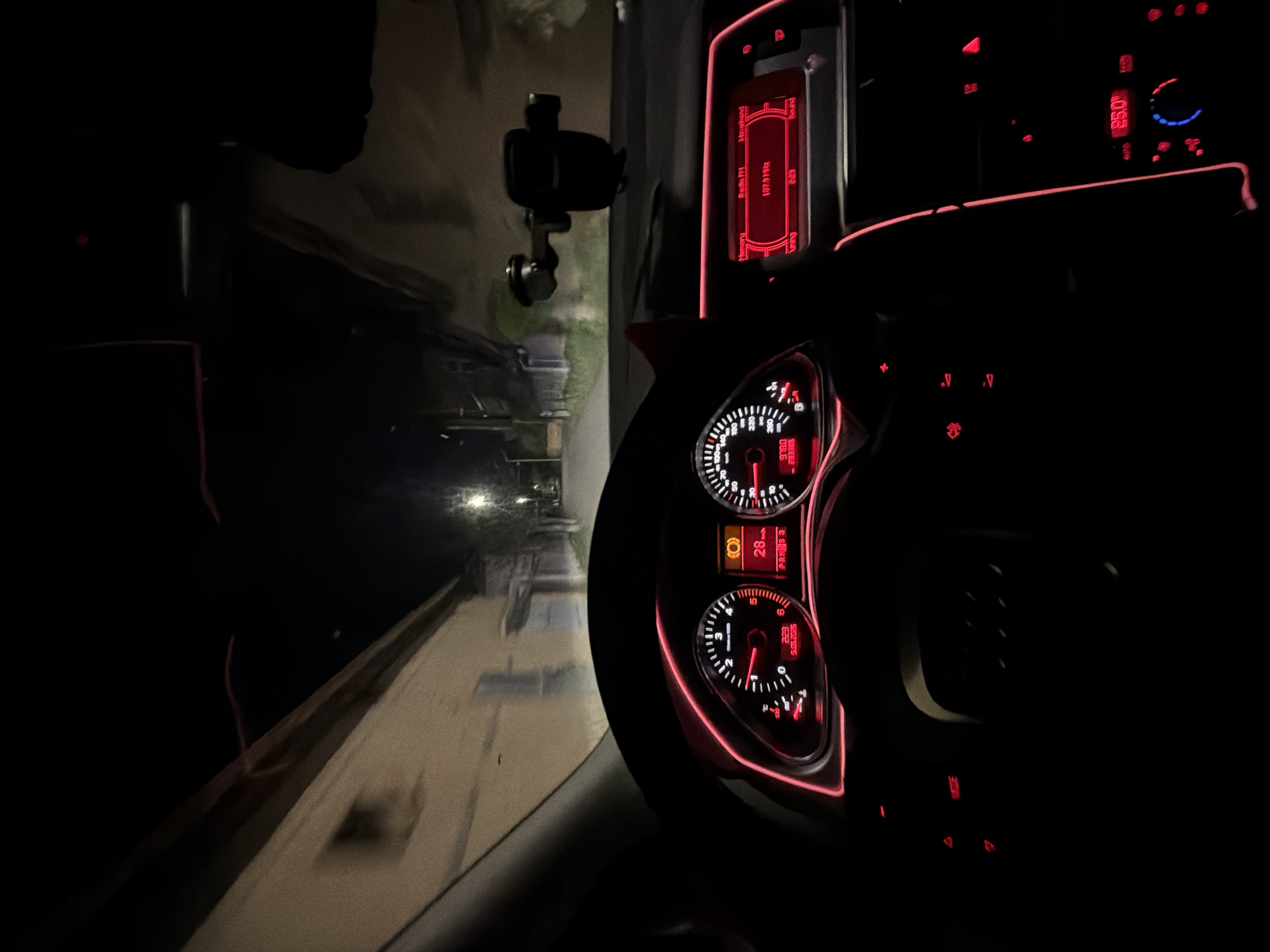 Nighttime dashboard view captured in Byala Cherkva, Bulgaria
