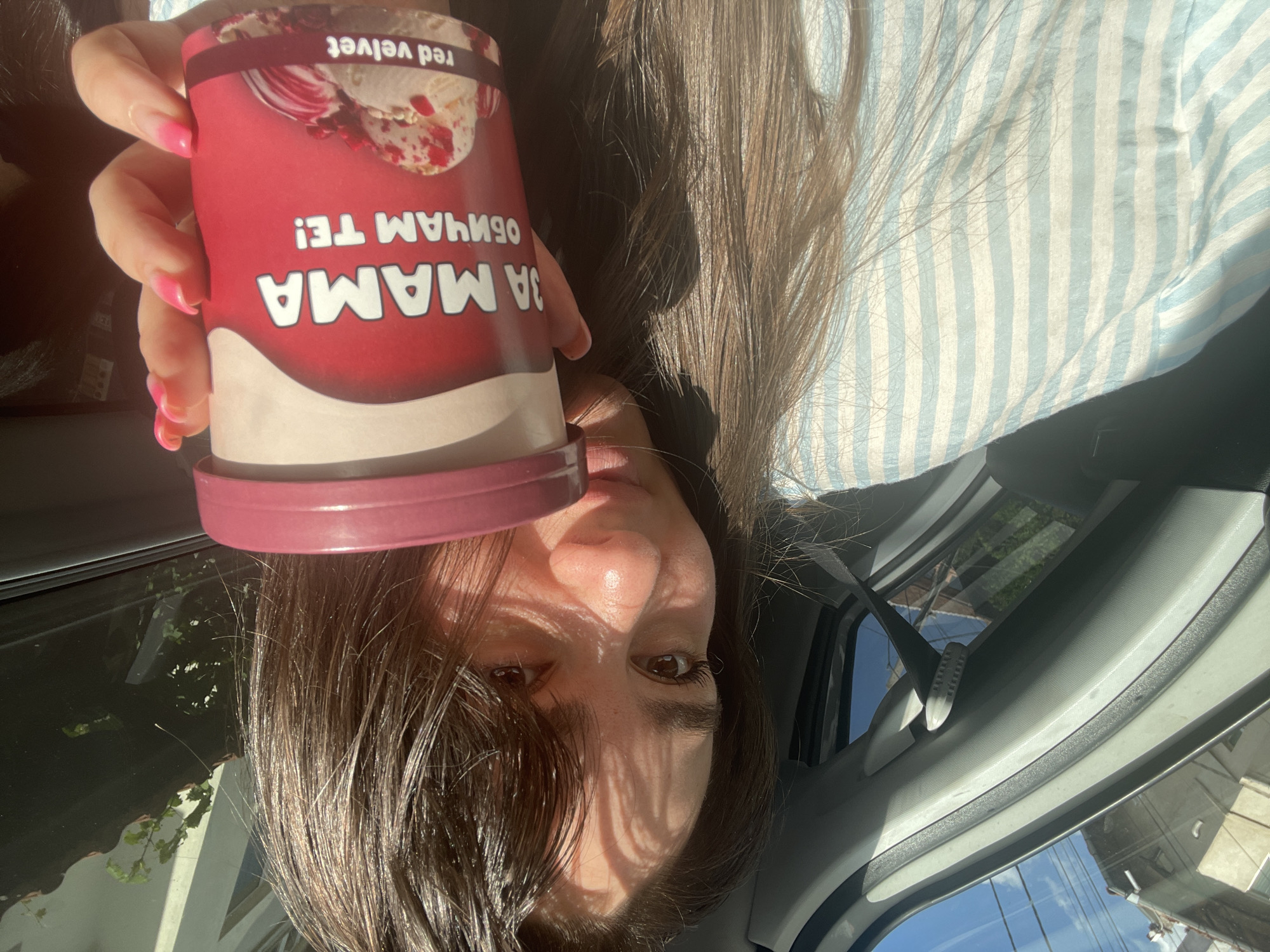 Red Velvet ice cream in a parked car, sunny Blagoevgrad afternoon