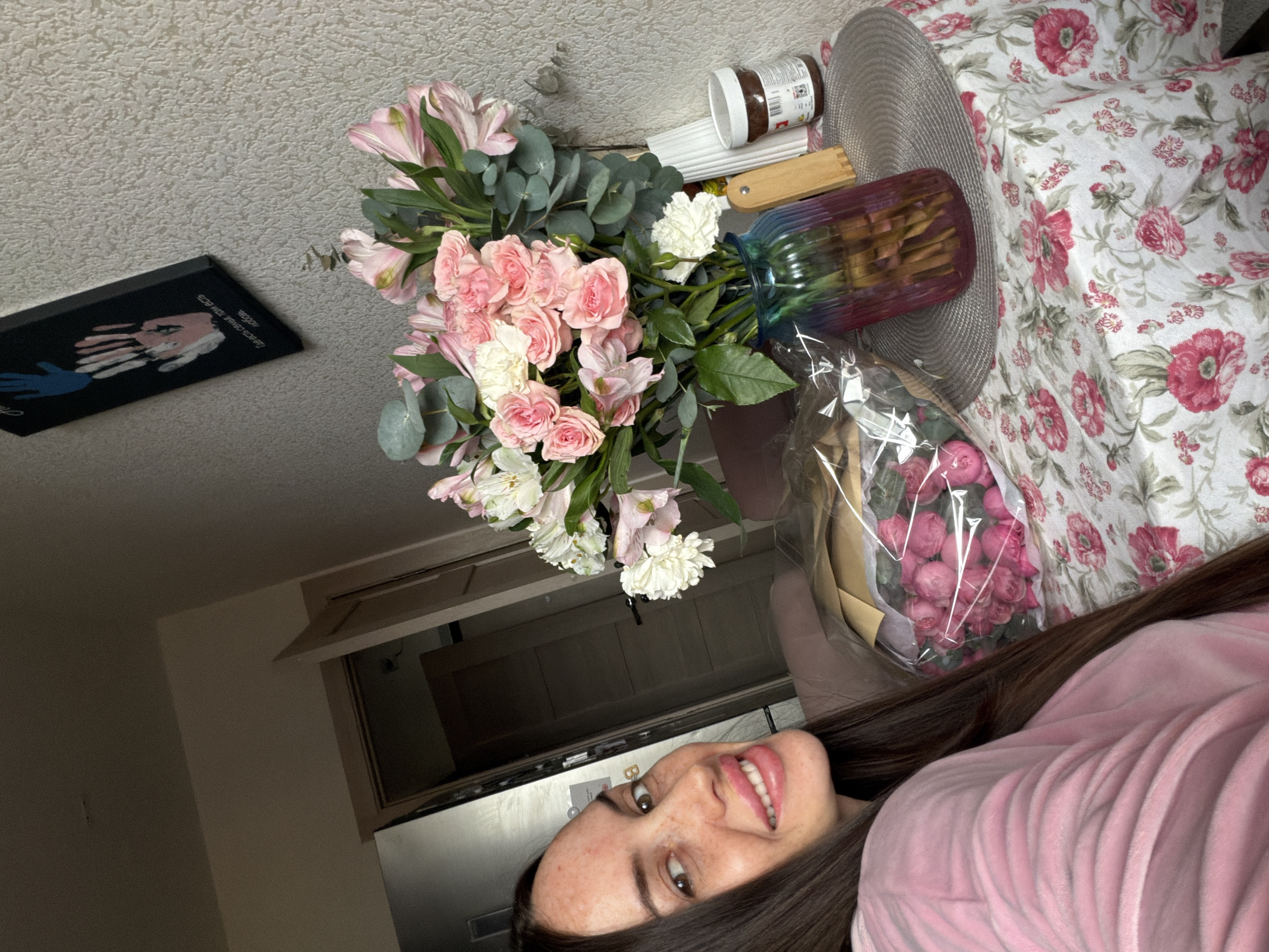 Morning at home with fresh pink flower bouquets in Russia