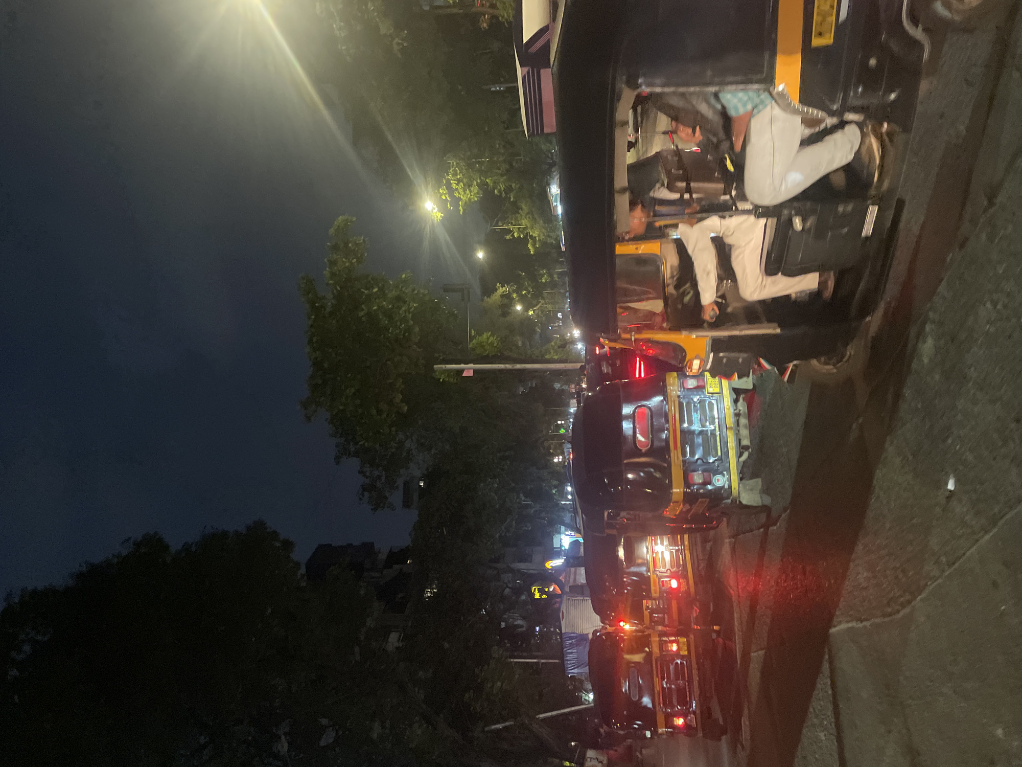 Mumbai night street: traffic, flower stalls, and a garlanded shrine