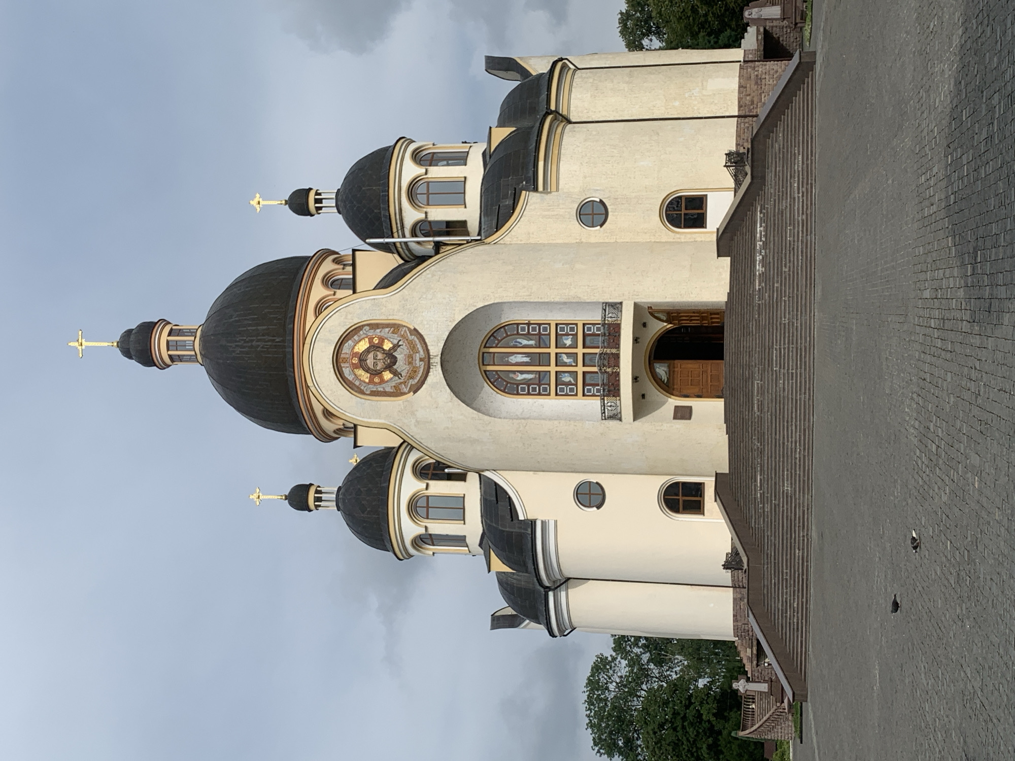 Kolomyia's domed Church of the Holy Resurrection on a grey morning