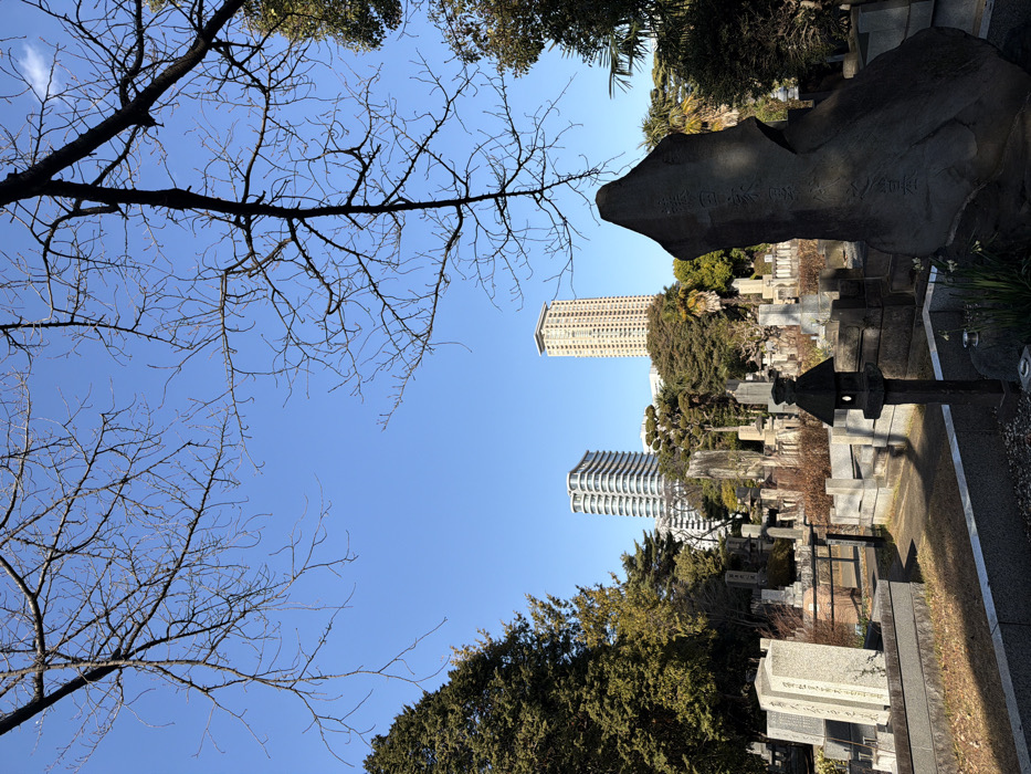Cemetery scene captured in Minato blends traditional stones, modern skyline