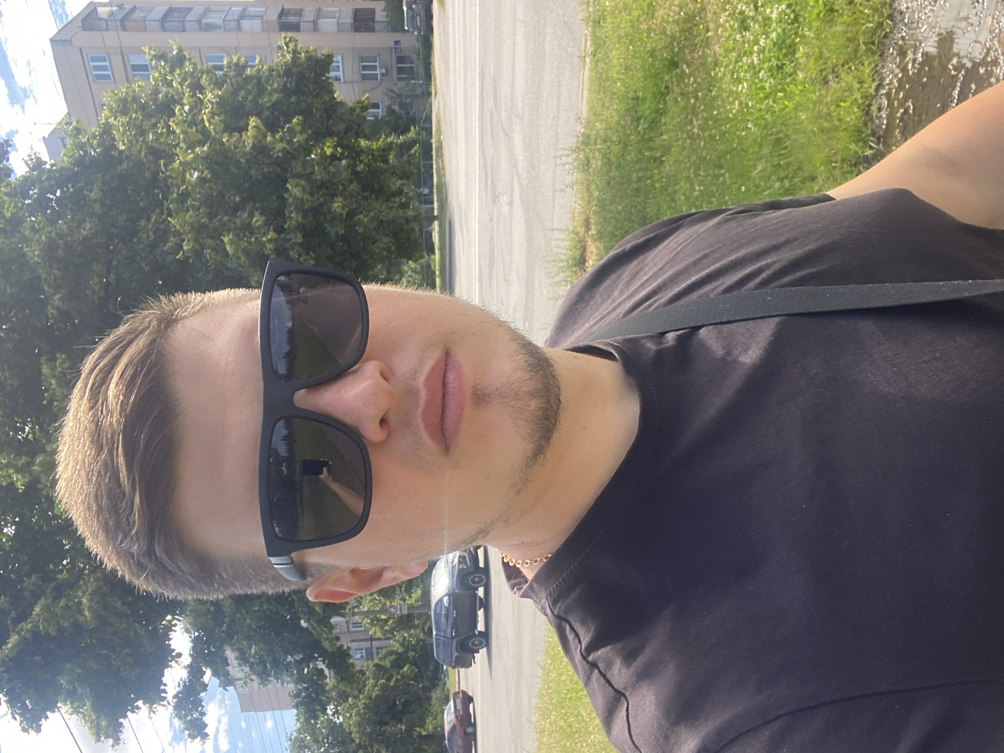 Morning stop near a concrete building in Kyiv