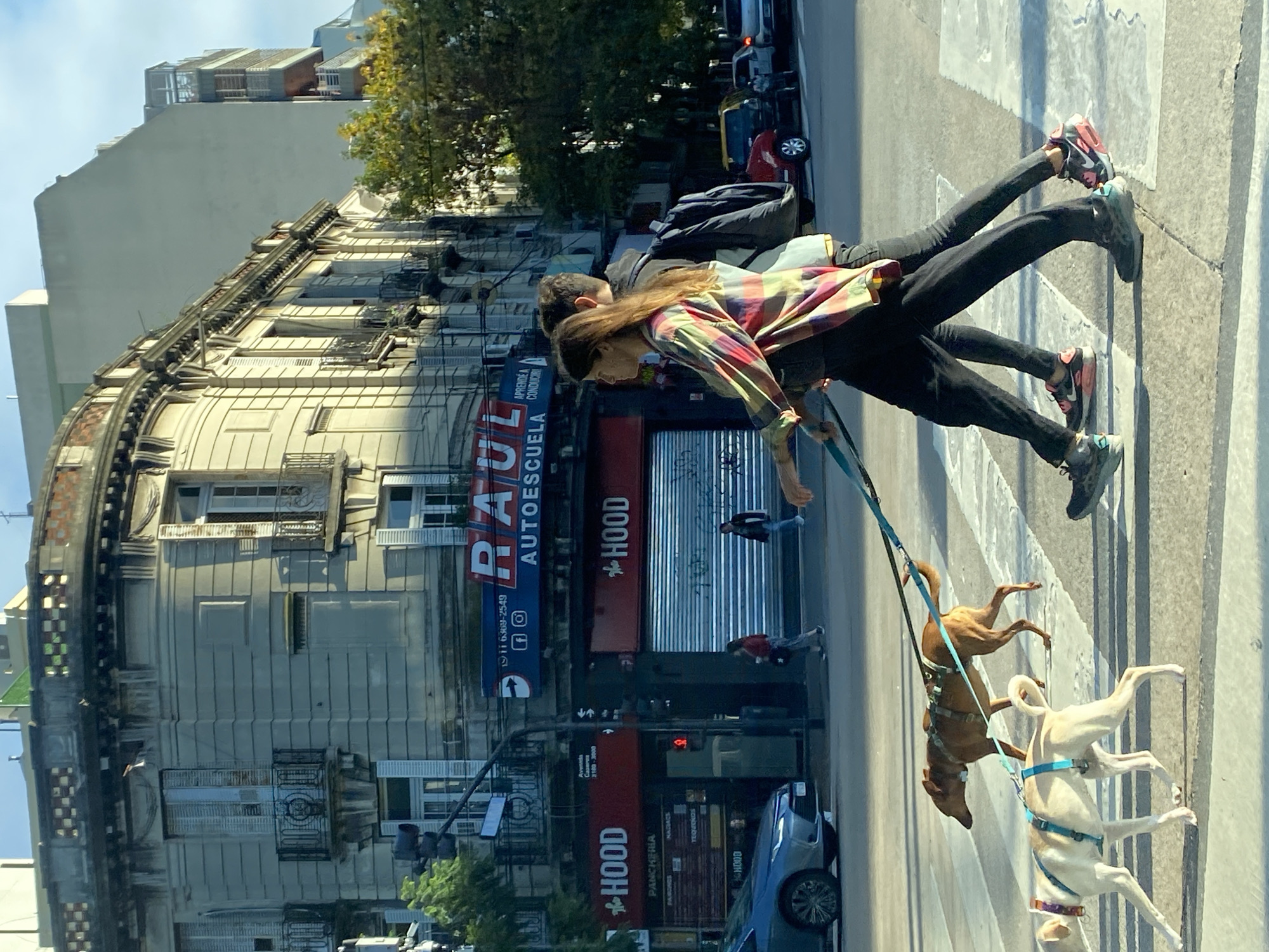 Two pedestrians cross Buenos Aires street with three dogs