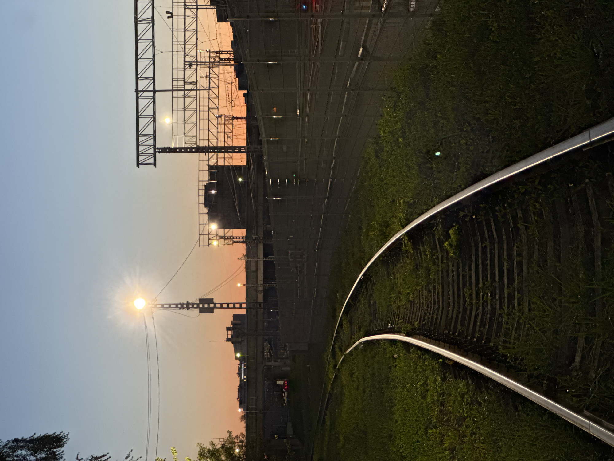 Moscow railway district at dusk, blue hour across the neighborhood