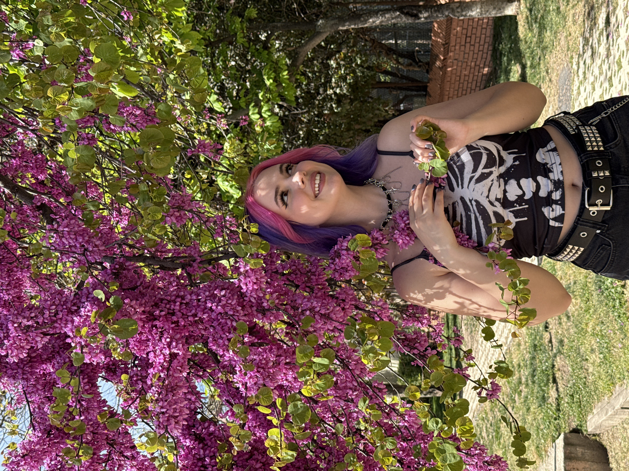 Woman poses among blooming wisteria in Madrid park