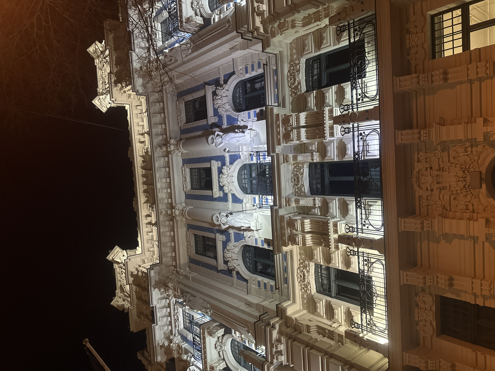 Historic Riga building facade documented at night